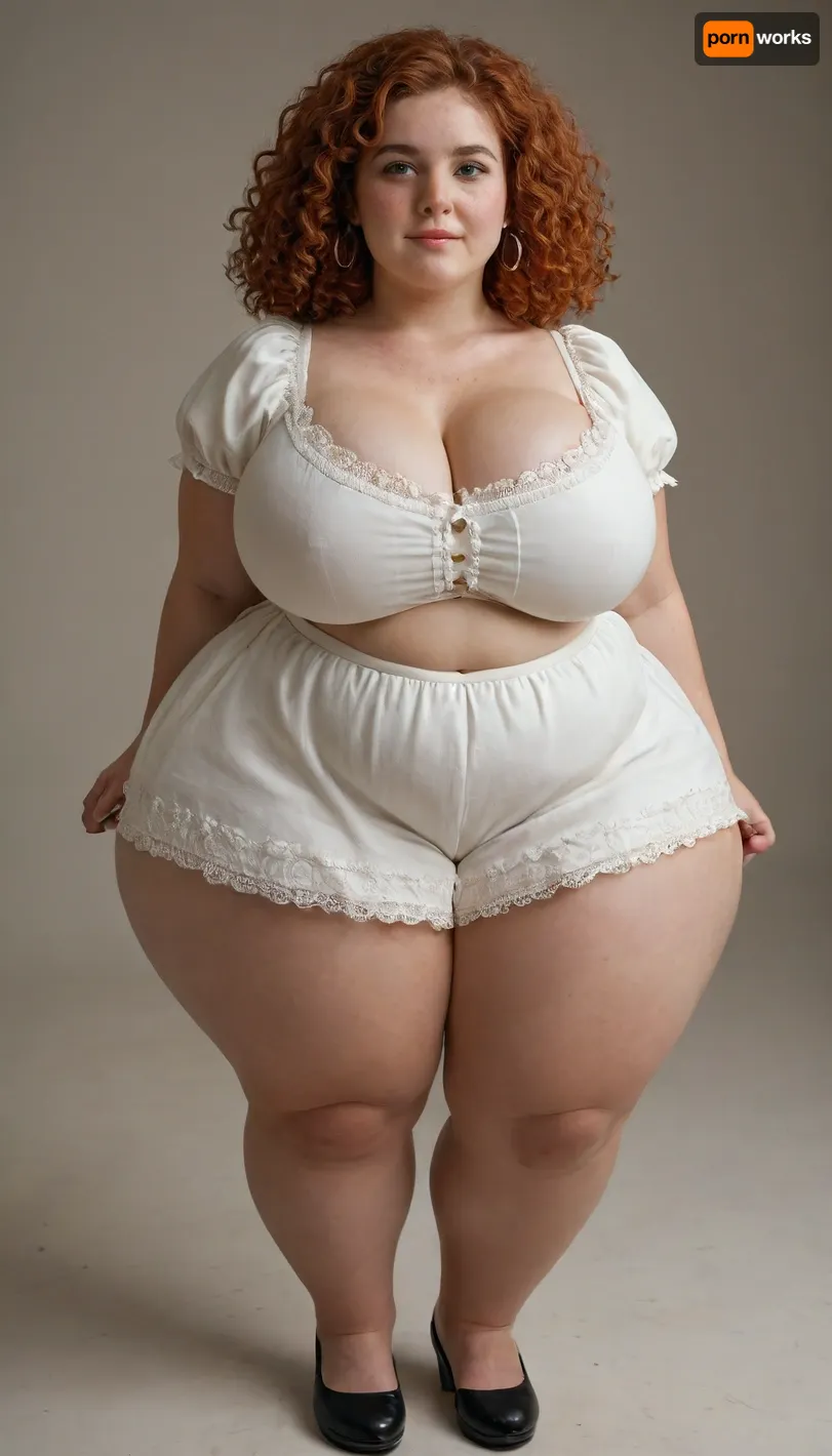 petite fat woman with massive breasts and hyper hips, massive cleavage, robust, wearing a dirndl uniform, red hair, green eyes, round face, big nose, wide nostrils, freckles, chubby, overweight, thick hyper ass, gigantic ass, hyper hips, (chubby:1.4), short