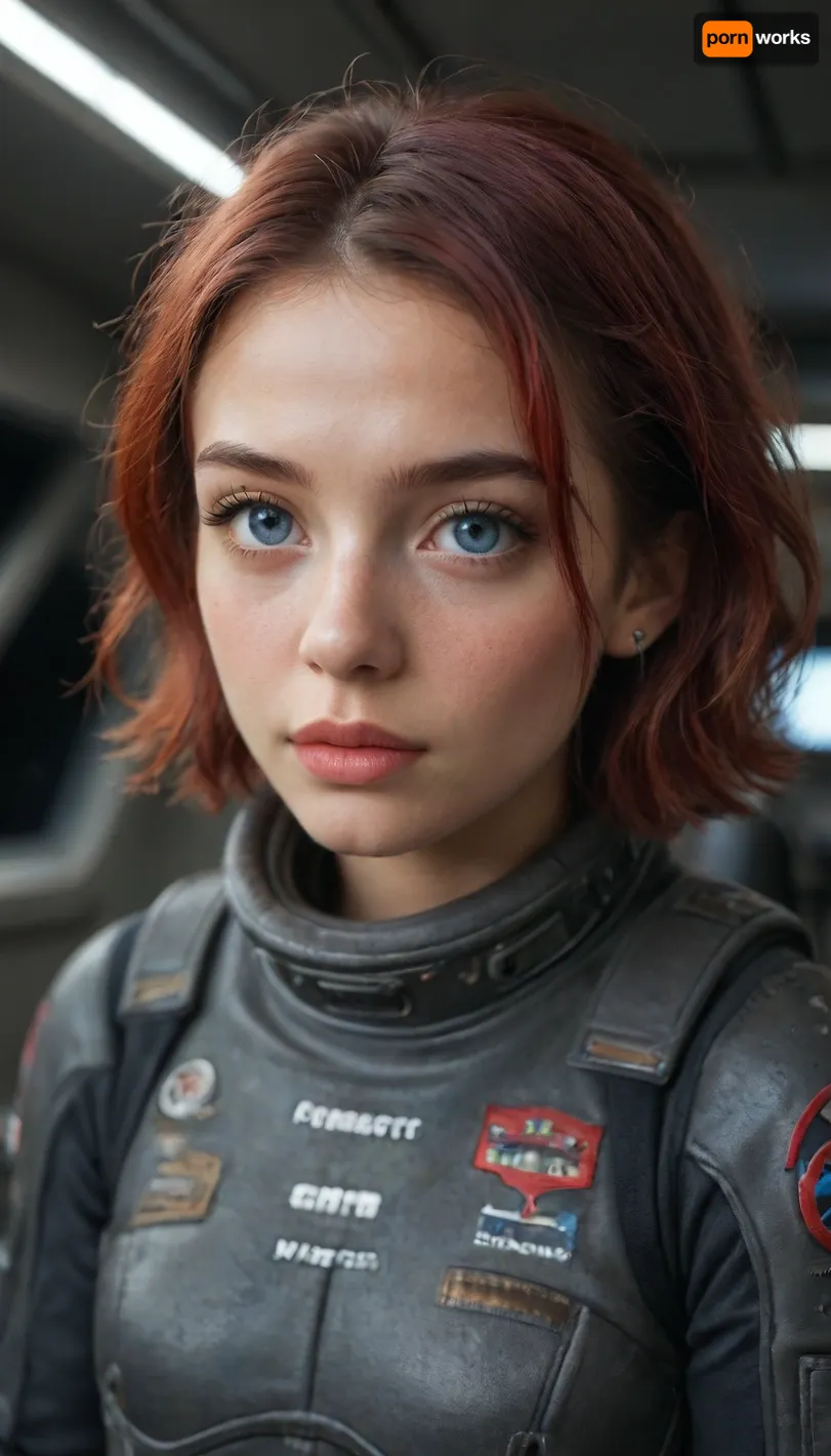 ultra realism, ultra-realistic, hyper-detailed, photorealism, (ultra detailed face:1.3), Euro-American, adult girl, cute face, big eyes, symmetrical eyes, (detailed iris), (detailed mouth), (skinny:1.3), bright blue eyes, small breasts, crimson hair, short hairstyle, Upturned nose, dimples on cheeks, Doll blush, full-length, space, spaceship, stars, (dirty red dark futuristic suit), spaceship cockpit, instrument panel, planets and star