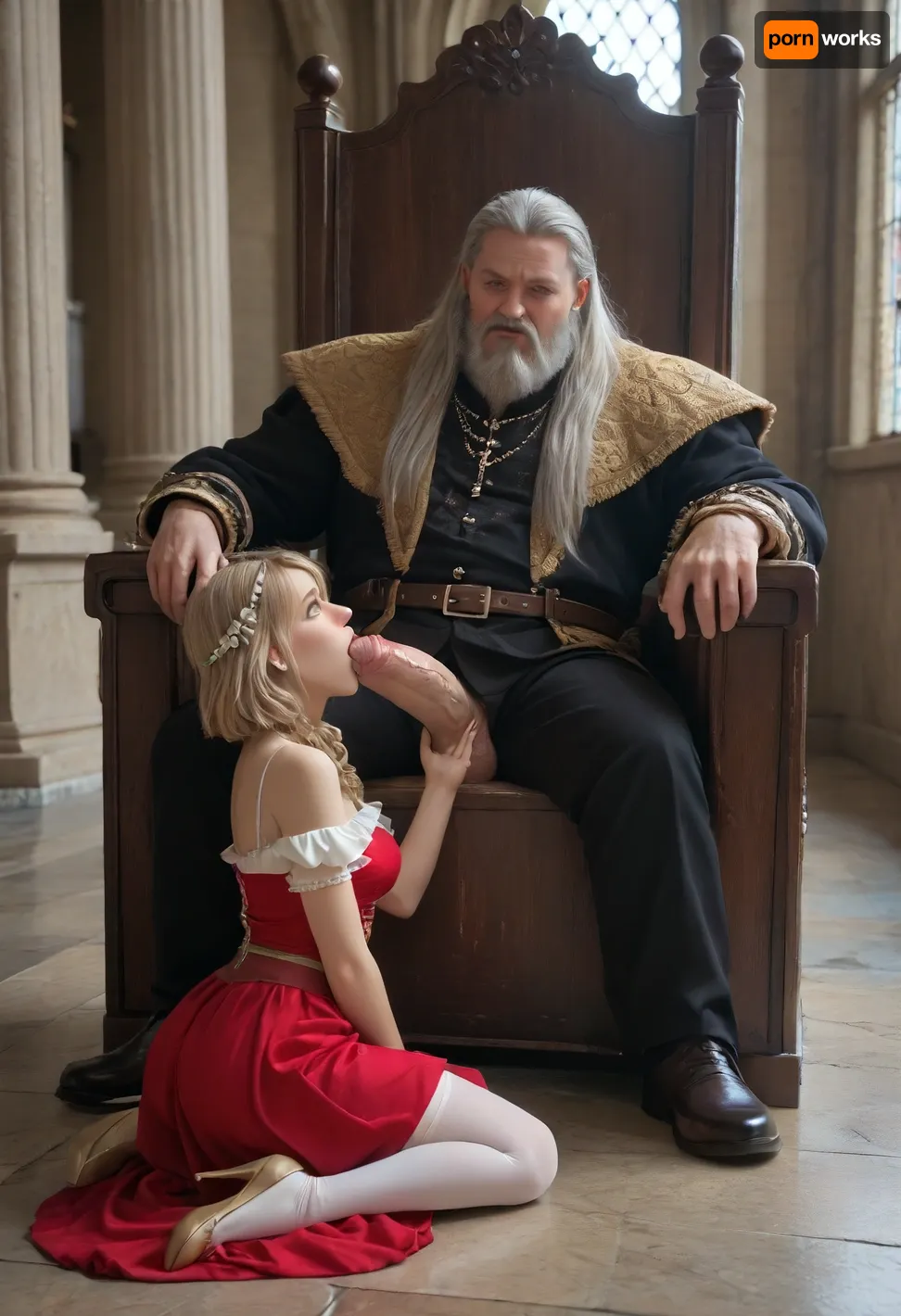 High quality, super resolution, ultra detailing, 8k, perfect eyes, perfect face, perfect hands, giant hairy king man big and fat white, without clothes, giant erect penis, sitting on a throne receiving oral sex from a slave without clothes, giant stone throne in a dark medieval castle, kneeling woman without clothes tied with a chain with a chain around her neck, giving oral sex to the huge man, masturbating the king man and looking at him, giant penis, xxl penis, full body, <lora:add-detail-xl:.8>