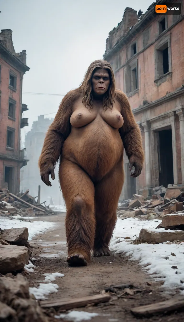 Winter. Snow.Female Bigfoot .Masterpiece, highly detailed, high quality, full body photoshoot, hdr, 4k, A post-apocalyptic landscape, a fat, obese overweight big foot, The female bigfoot in tattered clothes making her way through the ruins of a city, and dead bodies lying around