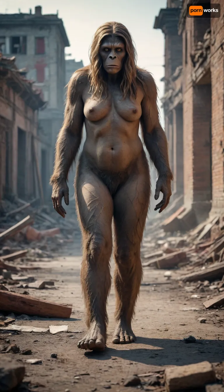 Female Bigfoot .Masterpiece, highly detailed, high quality, full body photoshoot, hdr, 4k, A post-apocalyptic landscape, a thin big foot, The female bigfoot in tattered clothes making her way through the ruins of a city, and dead bodies lying around