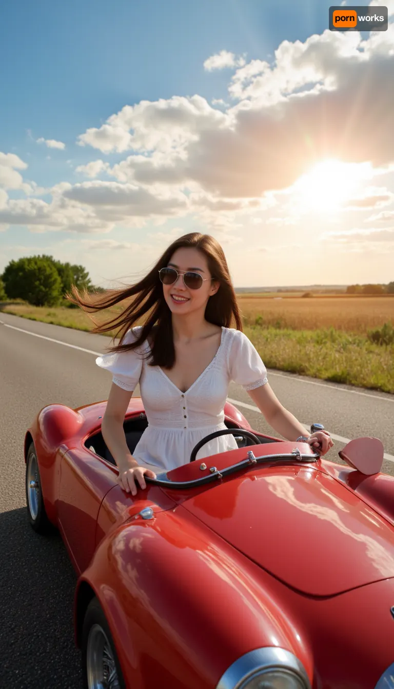 A stunningly beautiful Japanese woman, with her hair billowing in the wind, driving a sleek, red sports car convertible along a scenic highway. She is dressed in a chic, white summer dress that complements her sun-kissed skin and the gleaming chrome of the car. Her eyes are hidden behind a pair of stylish aviator sunglasses, and a wide smile graces her lips as she embraces the freedom of the open road. The car's top is down, revealing the luxurious leather seats and shiny dashboard, which reflect the bright blue sky above. The powerful engine purrs as the vehicle speeds through the landscape, surrounded by a blur of emerald-green trees and golden fields that stretch to the horizon. The asphalt beneath the car's gleaming tires stretches into the distance, inviting a sense of adventure and boundless possibilities. The wind plays with the fabric of the dress, creating a dynamic and playful silhouette as it clings to her body. In the background, a setting sun casts a warm, orange glow over the scene, painting the clouds with strokes of pink and purple. The beauty of the moment is accentuated by the stark contrast between the cool, metallic finish of the sports car and the vibrant, natural hues of the surrounding environment. The overall composition exudes an air of confidence, joy, and liberation, encapsulating the essence of an exhilarating journey filled with excitement and self-discovery.