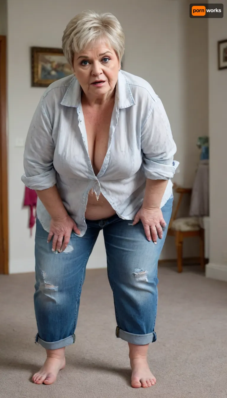 Masterpiece, highly detailed, high quality, full body photoshoot, hdr, 4k, Hairy, unshaven, Fat, loose, obese, cellulitic, soft, saggy, elderly blonde granny with an unpleasant face, short pixie haircut, she standing on all fours, Ripped jeans, ripped blouse