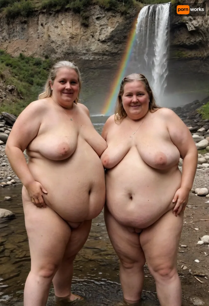 Two sexy beautiful elderly fat Lisbian women swim together in a mountain river, naked, waterfall, spray, rainbow over, megachubsdxl, morbidly, obese, sagging, breasts, stretch, marks, <lora:megachubsdxl_13:.5>, <lora:sagging-000015:.5>, <lora:stretch_marks:.5>