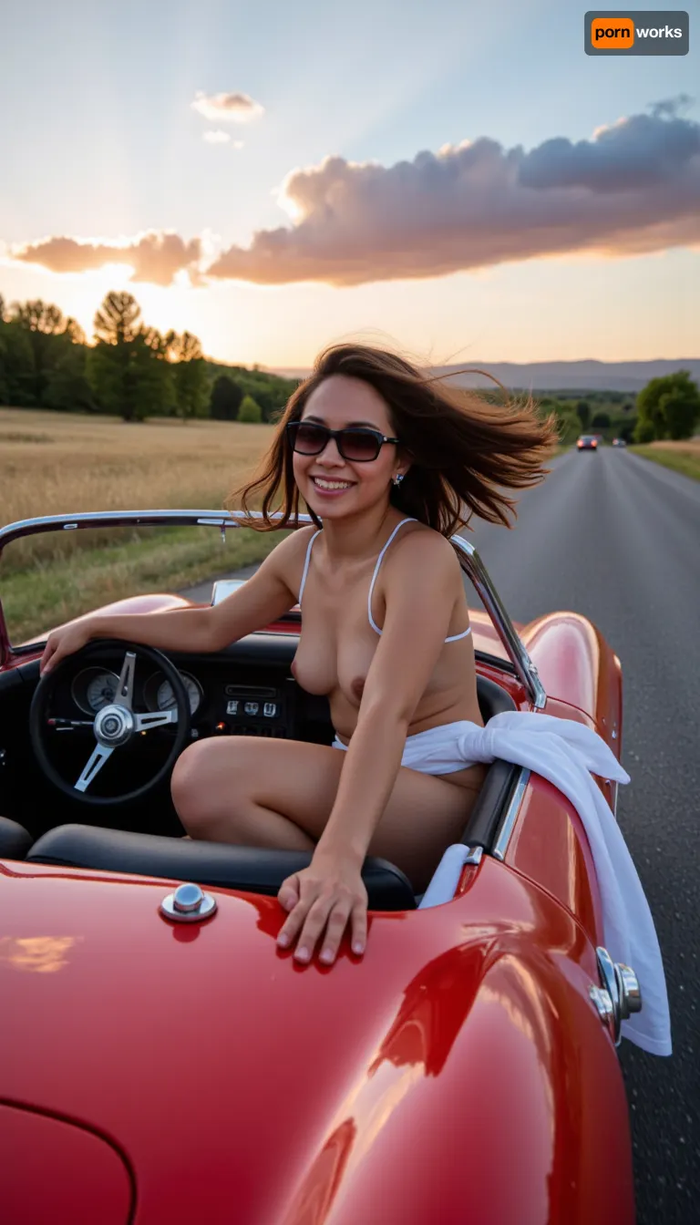 A stunningly beautiful mulatto woman, with her hair billowing in the wind, driving a sleek, red sports car convertible along a scenic highway. She is dressed in a chic, white summer dress that complements her sun-kissed skin and the gleaming chrome of the car. Her eyes are hidden behind a pair of stylish aviator sunglasses, and a wide smile graces her lips as she embraces the freedom of the open road. The car's top is down, revealing the luxurious leather seats and shiny dashboard, which reflect the bright blue sky above. The powerful engine purrs as the vehicle speeds through the landscape, surrounded by a blur of emerald-green trees and golden fields that stretch to the horizon. The asphalt beneath the car's gleaming tires stretches into the distance, inviting a sense of adventure and boundless possibilities. The wind plays with the fabric of the dress, creating a dynamic and playful silhouette as it clings to her body. In the background, a setting sun casts a warm, orange glow over the scene, painting the clouds with strokes of pink and purple. The beauty of the moment is accentuated by the stark contrast between the cool, metallic finish of the sports car and the vibrant, natural hues of the surrounding environment. The overall composition exudes an air of confidence, joy, and liberation, encapsulating the essence of an exhilarating journey filled with excitement and self-discovery.