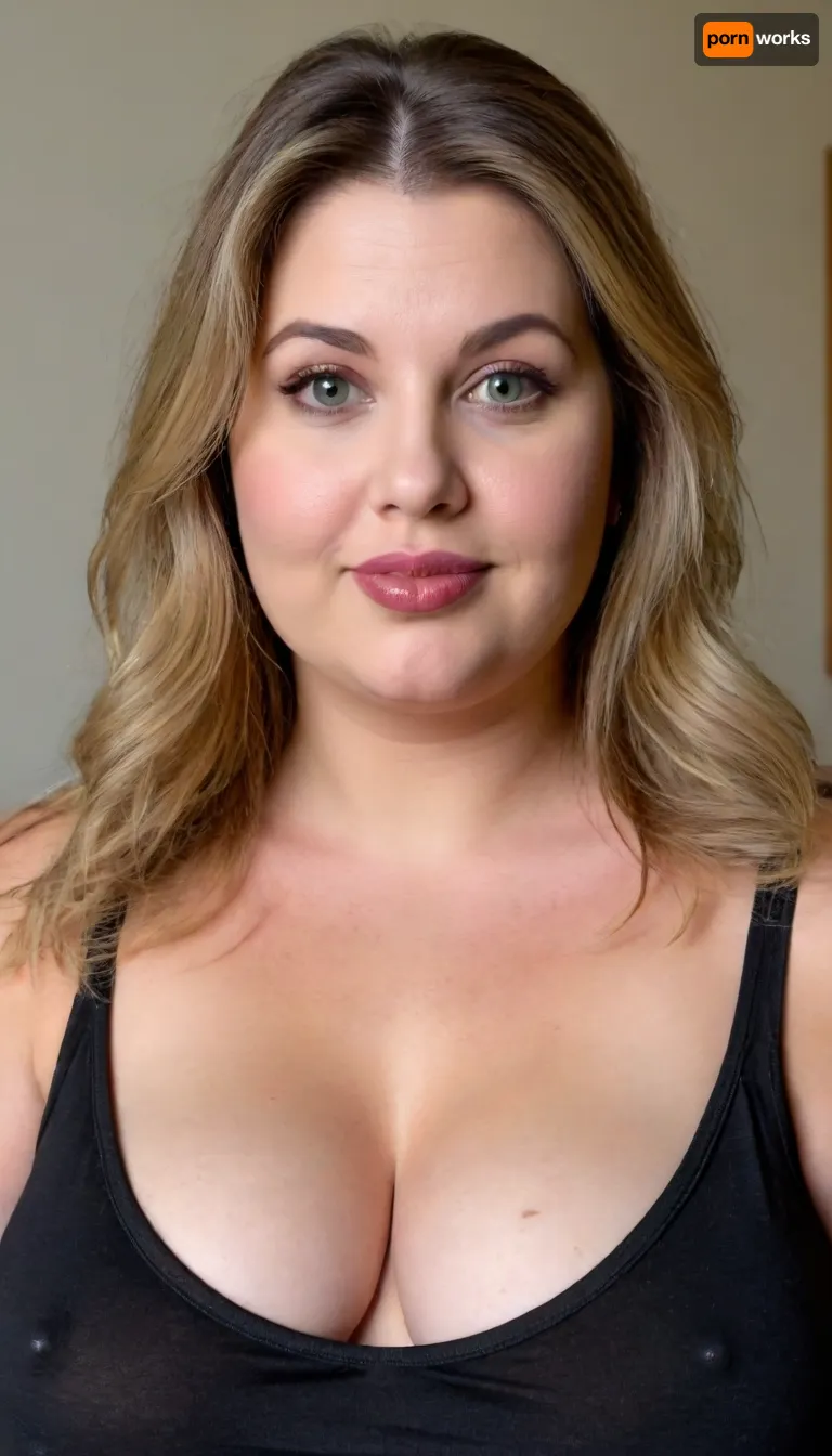 Lubica, (obese:1.5), (mature:1.5), 65 years old chubby gilf, sagging, breasts, big nipples, (wearing a black v-neck t-shirt), fair skin, wavy silky balayage brunette hair with highlights parted in the middle, bangs, voluptous, (chubby mature face), glamour, cinematic, hyperrealistic, 5k, best quality, (8k, RAW Photo, Highest Quality), (Epic Realism), Hyper Realistic, (Detailed Eyes), (Superior Quality), Intricate Detail, Cinematic, plump lips, contouring makeup, juicy lips, lipstick, Detailed, (film grain length, 135mm, f/2.8, DoF, bokeh, ultra-detailed skin, wrinkles, (perfect bright hazel eyes:1.2), intense seductive eye contact, looking at viewer, seductive eyes, skin pores, prominent limbal ring, high-contrast eyes, finely detailed features), (mouth open wide), smiling, big lips, lips parted, teeth showing, wrinkles, no, bra, covered, puffy, nipples, large, wide, <lora:nobrav1_SDXL:.2>, <lora:Nipples XL:.2>