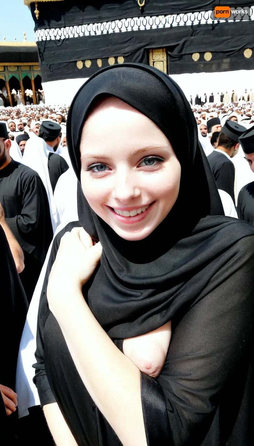 8k, 18 years old, kaaba background, high resolution, wearing black hijab, ultra-detailed, pale skin, smile, in front of kaaba, crowd, very shy face