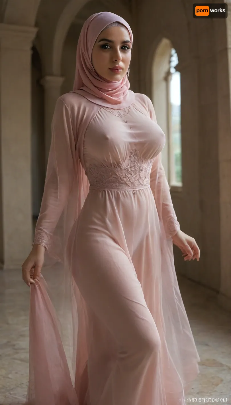 Woman, Hijab-transparent long dresses, no panties, beautiful hourglass figure, big breasts, Realistic, 4K