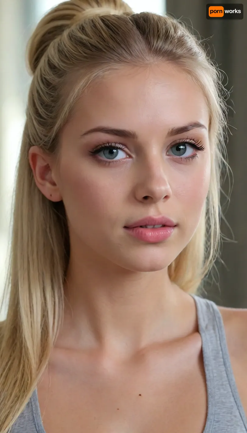 1girl, average height, brazilian, long blonde hair, 19 years old, thin, slim, solo, blue eyes, perfect eyes, 25-year-old Brazilian woman with fair skin, long, natural eyelashes, no eyeshadow. Medium, slightly narrow nose, no piercings. Medium-sized lips with a well-defined contour. Long, straight hair, tied back in a bun. Light blonde with subtle dark highlights, medium-high shine, and medium volume.realistic, lick her lips by her tongue