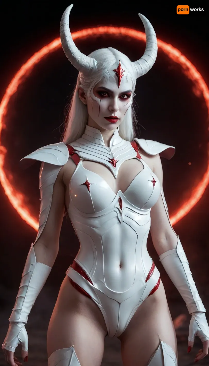 Succubus, Lilith, sin. Horns. long snake like body. In battlefield of fire hunting humans. Night time Full red Moon. demon white skin. evil., (dressed in white armour)