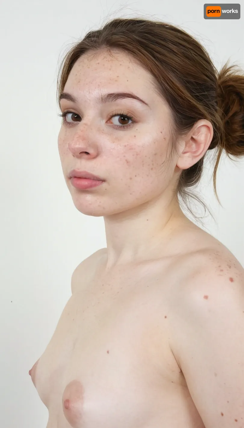 Passport photo, 32 years old Mexican-american woman, naked, extremely white and pale skin, slim nose, brown hair, small sagging breasts, hanging breasts, robust body, normal expression, round face, white background, freckles, brown eyes, molar on cheek, 1/2 body view, rhinoplasty, hyper realistic photo, full hd, 8K, front photo, Id card photo
