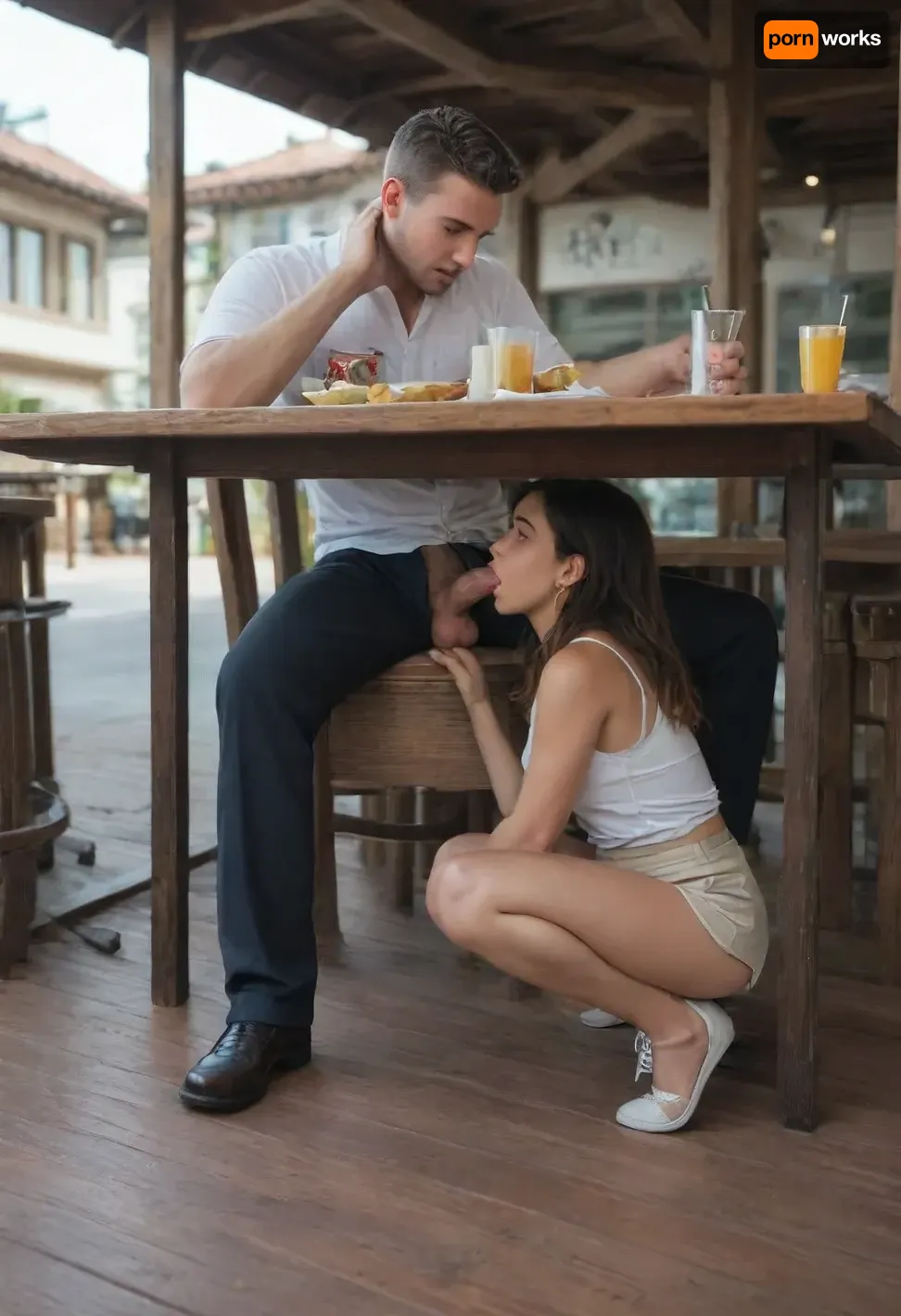 Full body view of a woman on her hands and knees underneath a table giving a blowjob. A man and a woman are at an outdoor cafe. The man sits calmly eating his breakfast. Underneath the table, the woman is on her hands and knees and her face is between his legs. She quietly sucks his cock under the table, unseen by other restaurant patrons. The man is fit, attractive, and wearing shorts and Polo shirt. The woman is petite, has long hair and wears a small dress.
