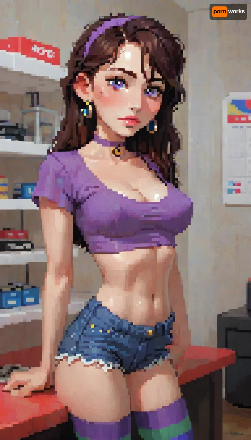 masterpiece, best quality, amazing quality, high res, department store, 1girl, (violet_parr, incredibles), purple headband, choker, purple t shirt, crop top, cleavage, daisy dukes, striped stockings, hands behind her back, medium breasts, erect nipples, looking at viewer, (incase style), pixelart, pixel, art, <lora:ratatatat74-000050:1.3>, <lora:outline_xl_kohaku_delta_spv5x:1.8>, <lora:cartoon_stickers_xl_v1:.6>, <lora:NEOTOKIOXL_0.2_RC:.4>, <lora:pixel_stormXL:.3>