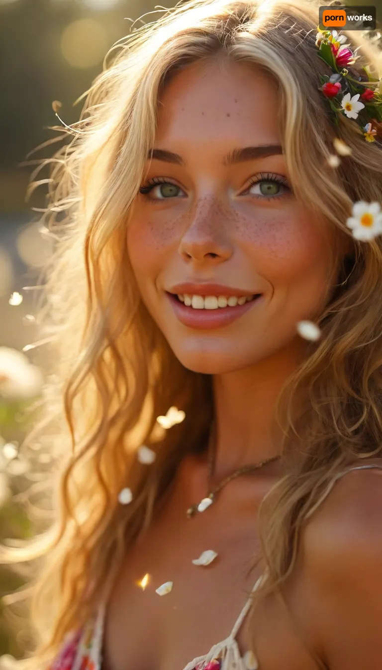 ziprealism, (hippy woman basking in wonderment, bright joyful smile, floating flower petals swirling in the breeze, warm glowing sunlight, beautiful sunny day, glowing silhouette:1.4), (f/2.8 shallow depth of field, creamy bokeh, tight headshot, extreme face closeup, layered composition with subtle foreground, focus on eyes:1.4), (sand-blonde hair, loose flowing hair, flowers in hair:1.4), (catchlights, sharp contrasting limbal rings, large expressive eyes, stunning eyes, perfect eyes, slightly downturned eyes), (full lips, soft lips, moist lips), (porcelain skin, natural skin texture), <lora:MJ52:1.6>, but, <lora:BUT_SDXL_SHS:.2>, igbaddie, <lora:igbaddie-XL:.84>