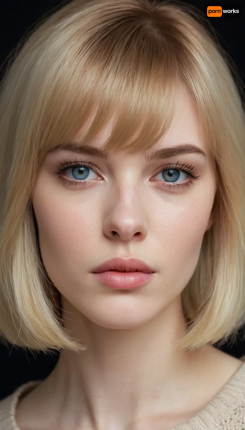 Close-up portrait of a young woman, (ethnicity russian:1.2), (age 22:1.2), (light blonde hair:1.2), (short haircut:1.1), (with bangs:1.1), (pale skin:1.2), (detailed skin texture:1.2), (sharp facial features:1.3), (serious/thoughtful:1.1), (Straight noseЖ1, 2), (prominent cheekbonesЖ1, 2), (light makeup:1.1), (blue eyes:1.2), (lips slightly parted:1.1), in the upper middle-right portion of the image, with dark background, studio lighting, photorealistic style, high detail, detailed eyes, realistic skin tones, close-up view, (sharp focus:1.2), neutral color palette, (light blush:1.1), (natural lighting:1.1), .