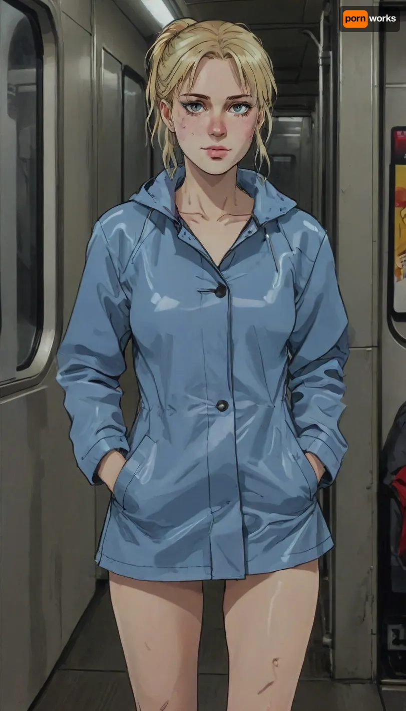 25 year old blonde girl, insanely hot blonde, long wet blonde hair, (wet hair:1.1), ponytails, blue eyes, cute freckles, (small flat breasts), (wearing very short blue wet raincoat and pumps), petite girl, perfect waist, skinny, slender, slim, freckled face, tight waist, cute chest freckles, perfect hands, perfect fingers, perfect anatomy, masterpiece, no underwear, (unbuttoned raincoat), (riding subway:1.3), (on crowded subway train:1.1), ENF, flashing one breast, sky, Source_anime, 80's anime style, (A detailed pencil drawing with clean lines and meticulous shading, sketch of a woman), drawing have delicate shading and intricate details, capturing the essence of the subject with fine pencil strokes, allowing the focus to remain on the portrait itself, drawing by NTY, v0ng44g, sk3tch, .8>, ratatatat74, <lora:sketch_it:1.1>, <lora:ratatatat74-000050:.8>, <lora:NEOTOKIOXL_0.2_RC:.8>