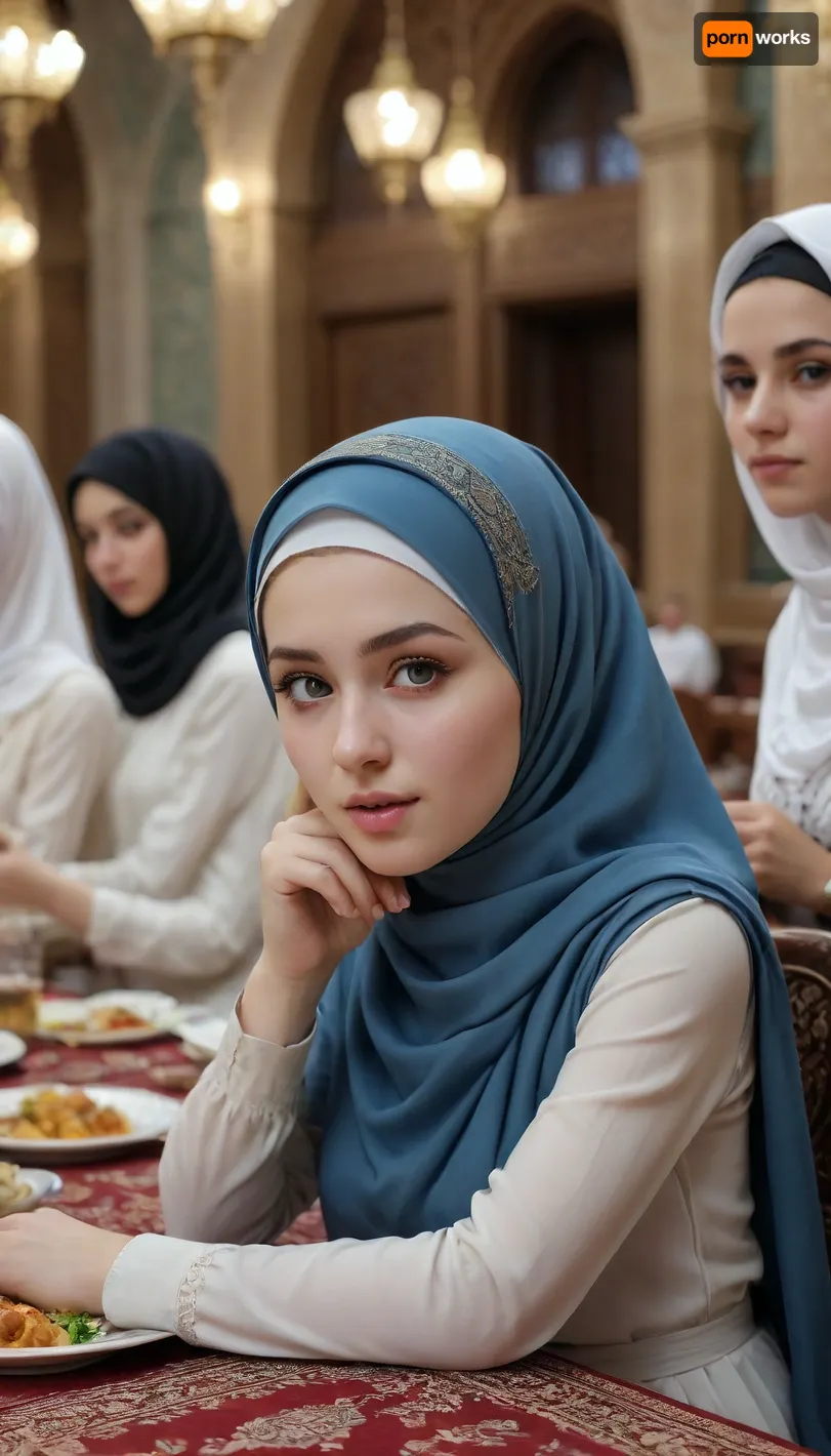 blowjob in front of Ramadan table, hijab girls sitting, pale skin, <lora:detailed_notrigger:1.5>, <lora:ahxl_v1:1>