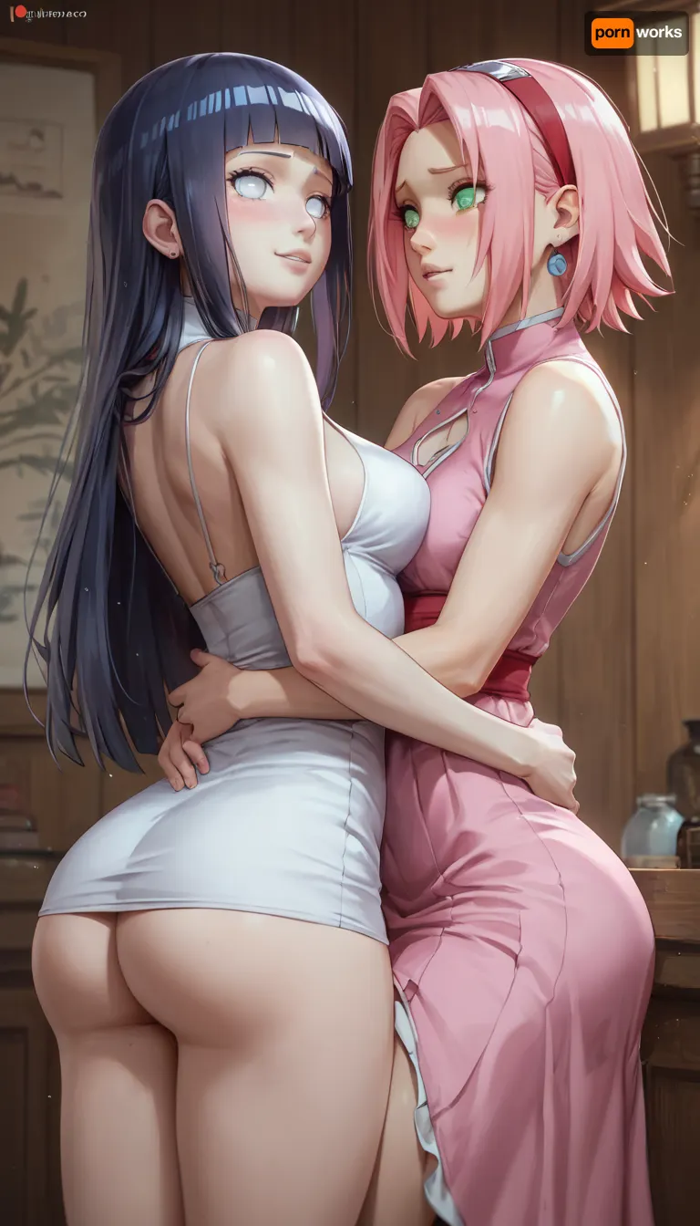 score_9, score_8_up, score_7_up, score_6_up, Naruto characters, (2girls), (Hyuuga hinata and Haruno Sakura), (Hinata Hyuuga, big ass, big boobs, long hair, blue hair, white eyes, white dress), (Haruno Sakura, slim ass, small boobs, short hair, green eyes, pink hair, pink dress), lesbian sex, <lora:merratatustle_illustrious_v1_vpred:.8>