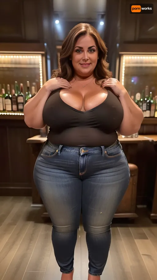 Photo of a pretty 50 year old mature woman with beautiful eyes, big butt, wide hips, huge thighs, very chubby, ((Nikon Z8)), realistic matte skin, skin texture visible, (sharp focus), (high quality), (face visible), ((Detailed Face and Eyes)), 8k high definition, ((Italian woman)), ((mid length brown hair)), ((stunningly beautiful woman)), ((sexy woman)), ((black loose thin low-cut v-neck t-shirt, jeans)), ((smiling)), ((leaning forward)), ((cleavage)), ((pokies)), ((pub background)), (((perfect lighting))), ((front view)), (((looking at viewer))), (((chubby face))), (((round face:1.2))), (RAW photo:1.2), (photorealistic:1.4), (masterpiece:1.4), (best quality:1.4), ultra high res, ((detailed facial features)), HDR, 8k resolution, depth of field, intricate details body, long range focus, long distance view, ((full body in frame:1.8)), ((full body view:1.8)), 8k professional modelshoot style high definition, full body visible, detailed face, round face, (whole body in frame), a realistically designed face, nipslip, wide, hips, big hips, saddlebags, pear shaped body, <lora:st-fs_v1.1:1.5>, <lora:RealDownblouse4:.5>, <lora:hips-10:.5>