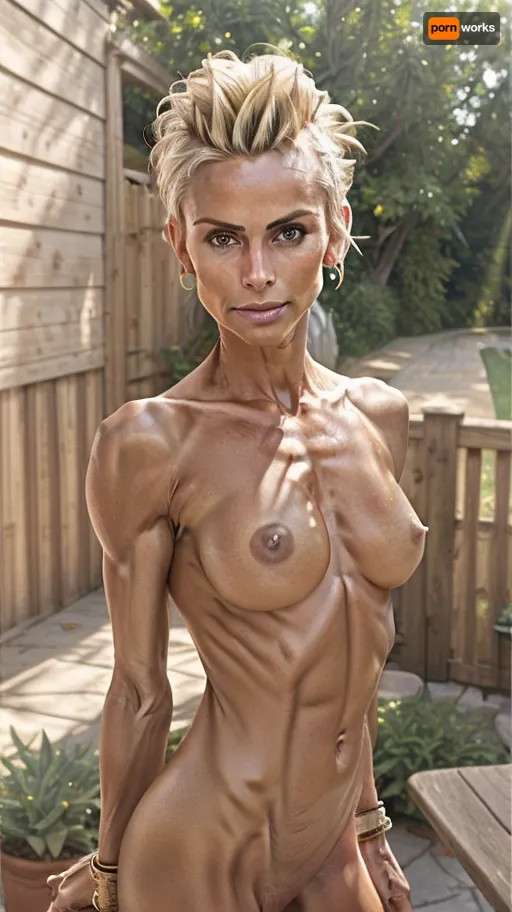 60 years old naked milf, skinny body, sinewy body, blonde mohawk updo hair, extreme realism, casual iPhone picture, natural light, outdoor patio background, casual entire body pose, very dark tanned skin, (very small pointy breasts), athletic, StokeRealV1, <lora:SDXLrender_v2.0:1>, <lora:StokeRealV1:1>, Tyndall, effect, light, rays, <lora:Tyndall effect_Light v1.1:.8>