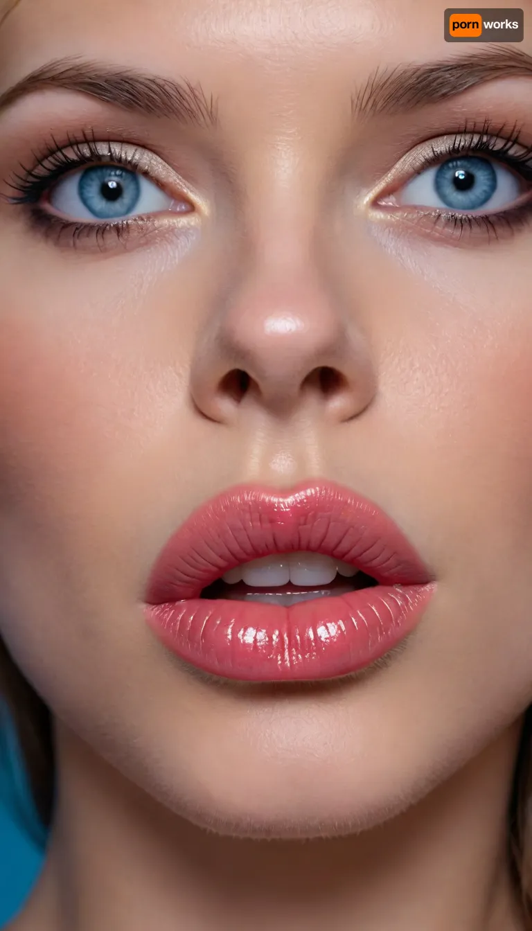 Huge juicy silicone female lips, high gloss lipstick, doe eyes, extremely closeup, Extremely detailed, blue eyes, licking, extremely beautiful woman
