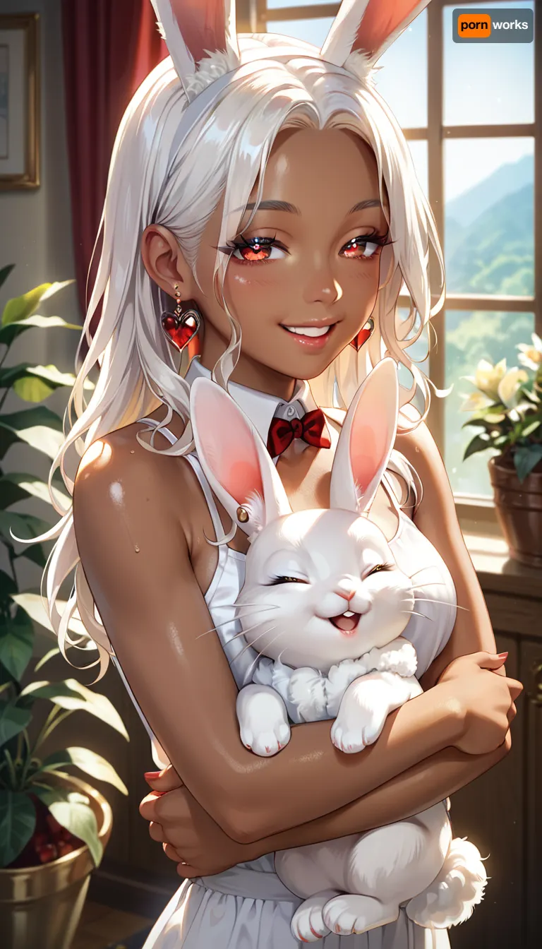 score_9, score_8_up, score_7_up, The image is an illustration of a young woman with long white hair and red eyes. She is wearing a white tank top and has a pair of bunny ears on her head. The woman is holding a white rabbit in her arms and is kissing it tenderly. The rabbit has its eyes closed and appears to be sleeping. The background is a room with a window and a plant. The overall mood of the image is peaceful and serene. dark_skin, rating, safe, white_hair, heart, animal_ears, 1girl, red_eyes, long_hair, parted_bangs, bunny_ears, hug, bare_shoulders, window, smile, half-closed_eyes, indoors, looking_at_viewer, one_eye_closed