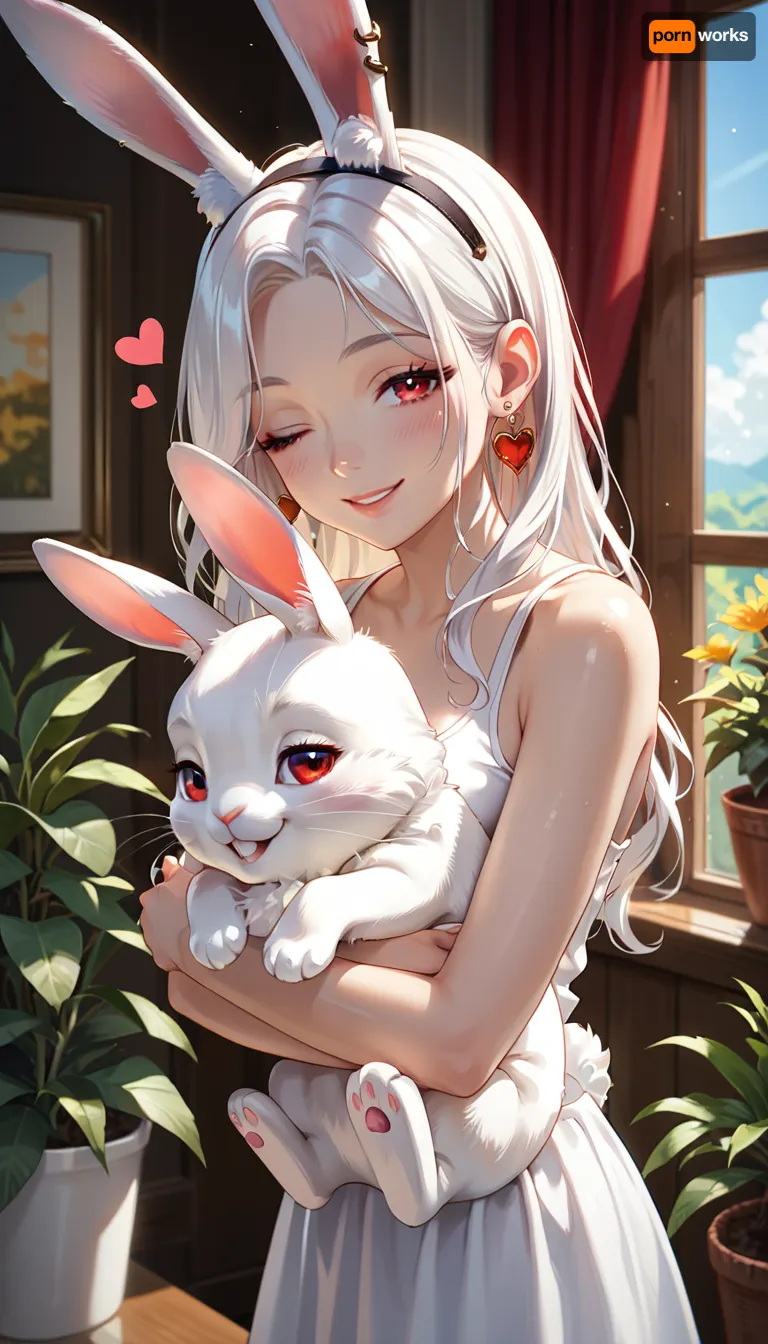 score_9, score_8_up, score_7_up, The image is an illustration of a young woman with long white hair and red eyes. She is wearing a white tank top and has a pair of bunny ears on her head. The woman is holding a white rabbit in her arms and is kissing it tenderly. The rabbit has its eyes closed and appears to be sleeping. The background is a room with a window and a plant. The overall mood of the image is peaceful and serene, rating, safe, white_hair, heart, animal_ears, 1girl, red_eyes, long_hair, parted_bangs, bunny_ears, hug, bare_shoulders, window, smile, half-closed_eyes, indoors, looking_at_viewer, one_eye_closed
