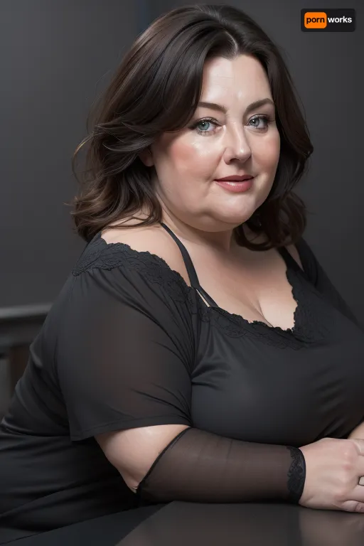 (Close-up:1.3), portrait photo a mature chubby woman, fat huge bosom, fat round face, double chin, 60 years old Woman, blue eyes, dark blond layered haircut, strong jawline, seductive smile, looking at viewer, (solid dark grey background:1.3), eye level shoot, film grain, style by Flora Borsi, OverallDetail, downblouse, loose, t-shirt, leaning, forward, <lora:Lora_Srabonti2023-X4:.3>, <lora:downblouse-v1:.3>, <lora:weight_slider_v2:1.5>