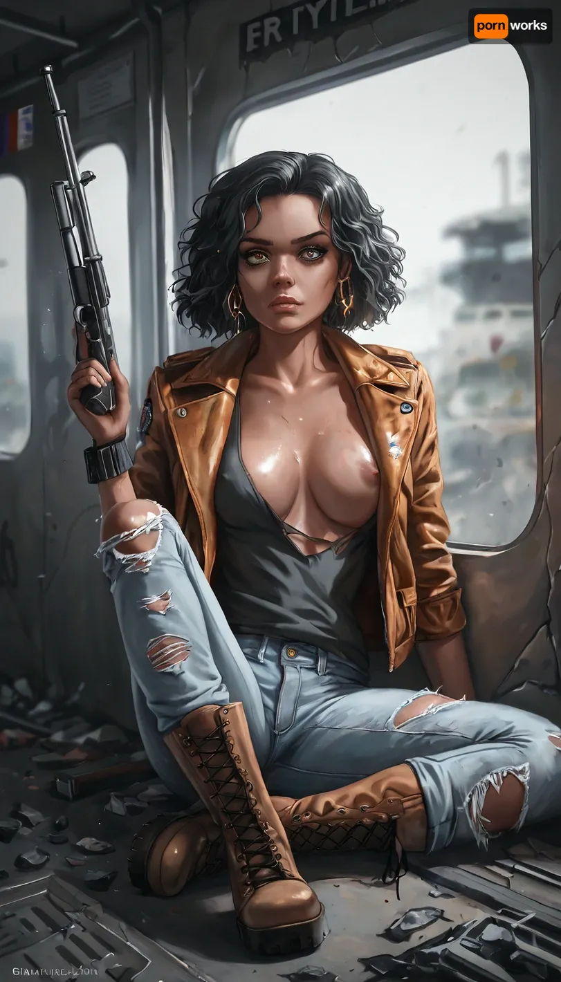 Hyperrealistic anime rendering, close up, solo 18-year-old French girl, olive skin, dark French bob haircut, pensive on cracked, graffiti-covered subway platform, (torn France flag), . Patched denim jacket, ripped jeans, open breast, combat boots. Emerald eyes, defiant/melancholy expression. Clutches shotgun. Moody, desaturated palette, (greys, blues, muted oranges), . Post-apocalyptic Parisian subway, blurred background, debris, overgrown vegetation. Wide-angle lens. Melancholic yet hopeful mood.