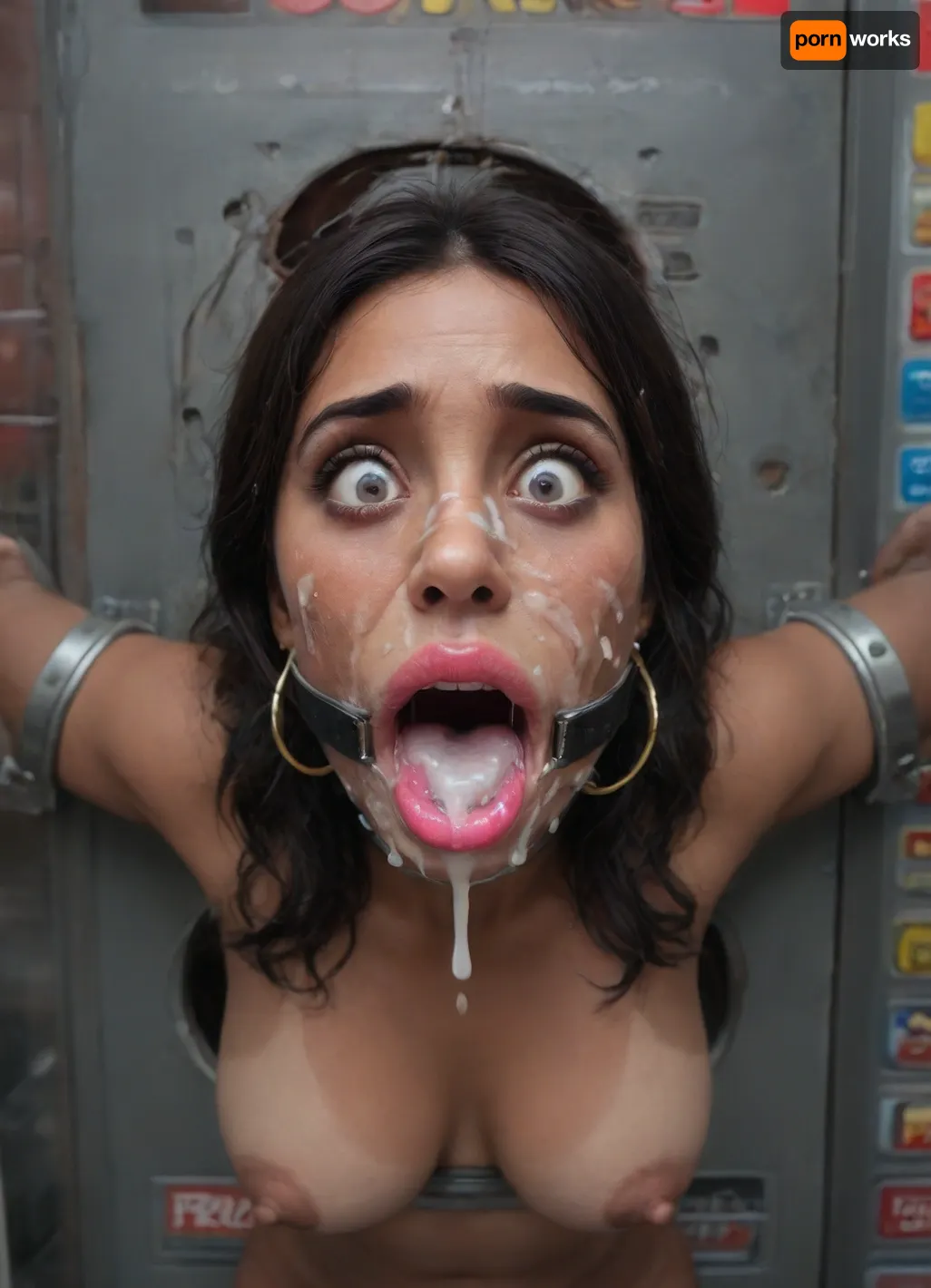 (25 years adult), (woman is stuck with her hips in a round hole with metal rim in a vending machine), (her bust is protruding from a round hole in the front of the vending machine:1.5), (stuck in hole with metal rim:1.3), (vending machine at night, slot for payment), (wide mouth spreader ring gag, gaping mouth:1.5), (leaning forward), (embarrassed, ashamed), (pleading expression:1.2), (terrified:1.6), (crying), (fear and panic:1.2), (box is low mounted, close to floor), (score_9, score_8_up, score_7_up, UHD 8K, masterpiece, best quality, maximum details, natural light, extreme realism, cinematic still), (huge penis:1.4), (she stares at erect penis in front of her face:1.3), (POV from above, she is looking up to viewer, submissive), (POV man standing and looking down, man stroking his big dick:1.1), (arms restrained to wall), (her arms left and right flat against the wall, multiple iron rings fixing her stretched arms against the wall:1.5), (POV standing man, looking down on her:1.2), (mouth wide open), (black hair), (Indian slut:1.8), (rich bitch:1.4), (dark brown skin:1.3), (tan lines), (iron rings restrain her arms to vending machine), (her arms are spread eagle against vending machine:1.8), (arms restrained with iron rings:1.8), (free-standing vending machine), (her face is covered in cum:1.6), (cum in her mouth:1.1), (bukkake, facial:1.3), (transparent liquid:1.2), (realistic cum), (wet face:1.2), (oily skin:1.5), (stuck with hips in a round hole with metal rim:1.6), (eyes wide open in horror:1.3), (her mouth serves only one purpose), (she's got a new job, she's a public cum dumpster), (pink glossy lips:1.3), (shocking pink lips, pink lipstick:1.5), (eerie lighting:1.3), (smeared lipstick:1.3)