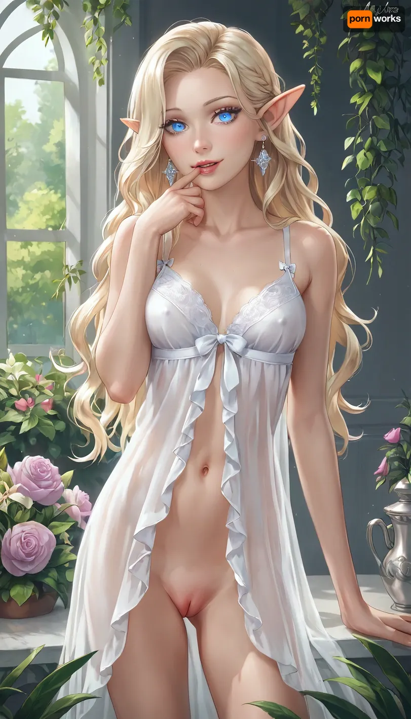 negligee, wedding dress, (skinny:1), shaved pussy, elven ears, Stunning skinny elven Women with super long blonde fluffy Hair, 20 years old, smileing, small boobs, white taint, blue eyes, 8K, highest quality, super detailed images, fine details, high resolution, staying in a beautiful garden