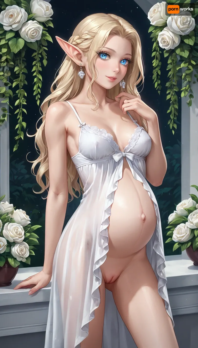 pregnant, negligee, wedding dress, (skinny:1), shaved pussy, elven ears, Stunning skinny elven Women with super long blonde fluffy Hair, 20 years old, smileing, small boobs, white taint, blue eyes, 8K, highest quality, super detailed images, fine details, high resolution, staying in a beautiful garden