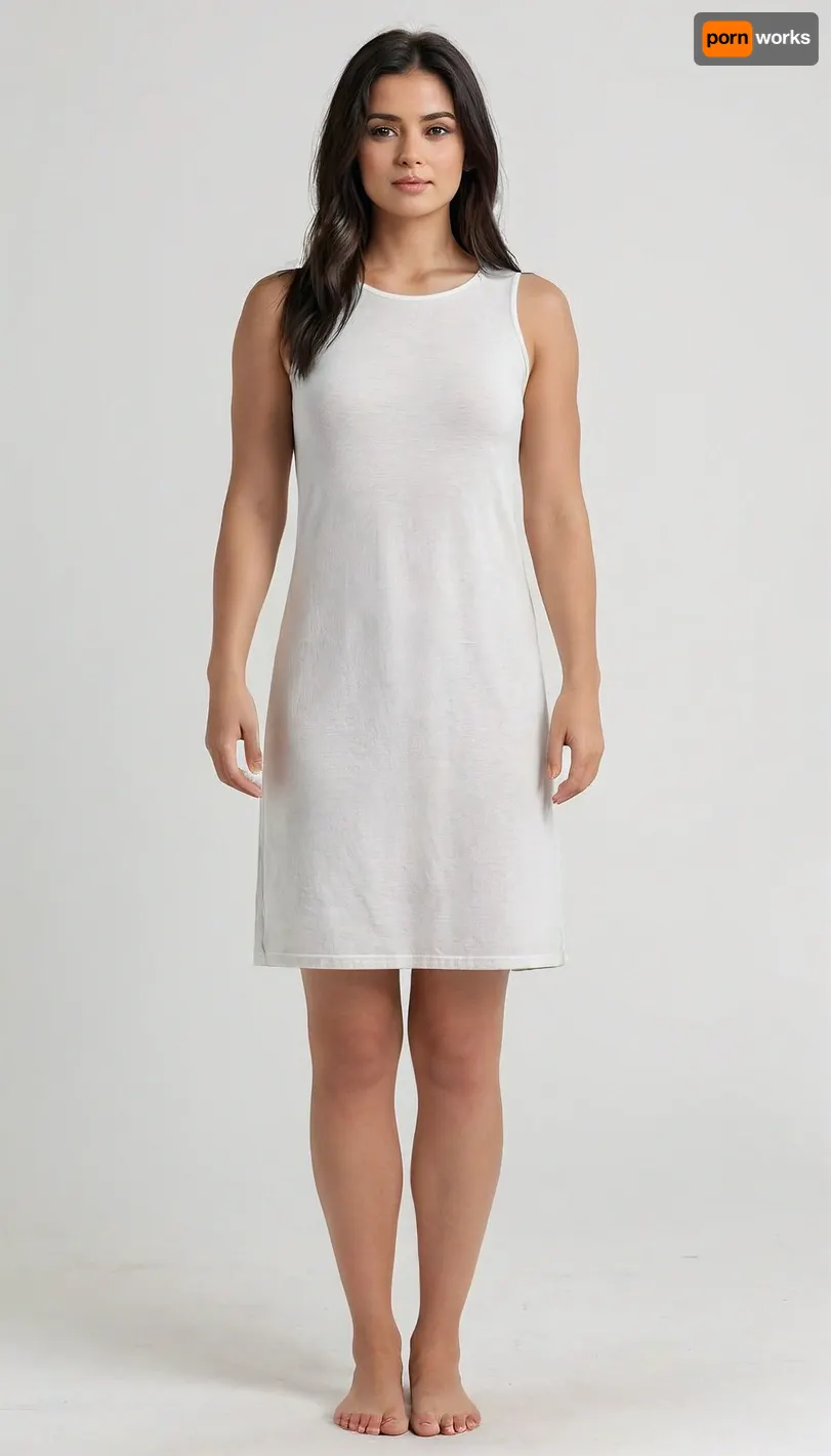 Young woman, black long straight haire, plump, plump shoulders, thick arms, Roundness of shapes, small breasts, barefoot, Below average height full body shot, centered in the frame, facing forward, photorealistic style, studio shot, simple white background, soft lighting, natural light, high detail, 8k resolution, smooth skin, digital painting., relaxed, mini, dress, <lora:BT_Relaxed_Mini_Dress_XL:.8>