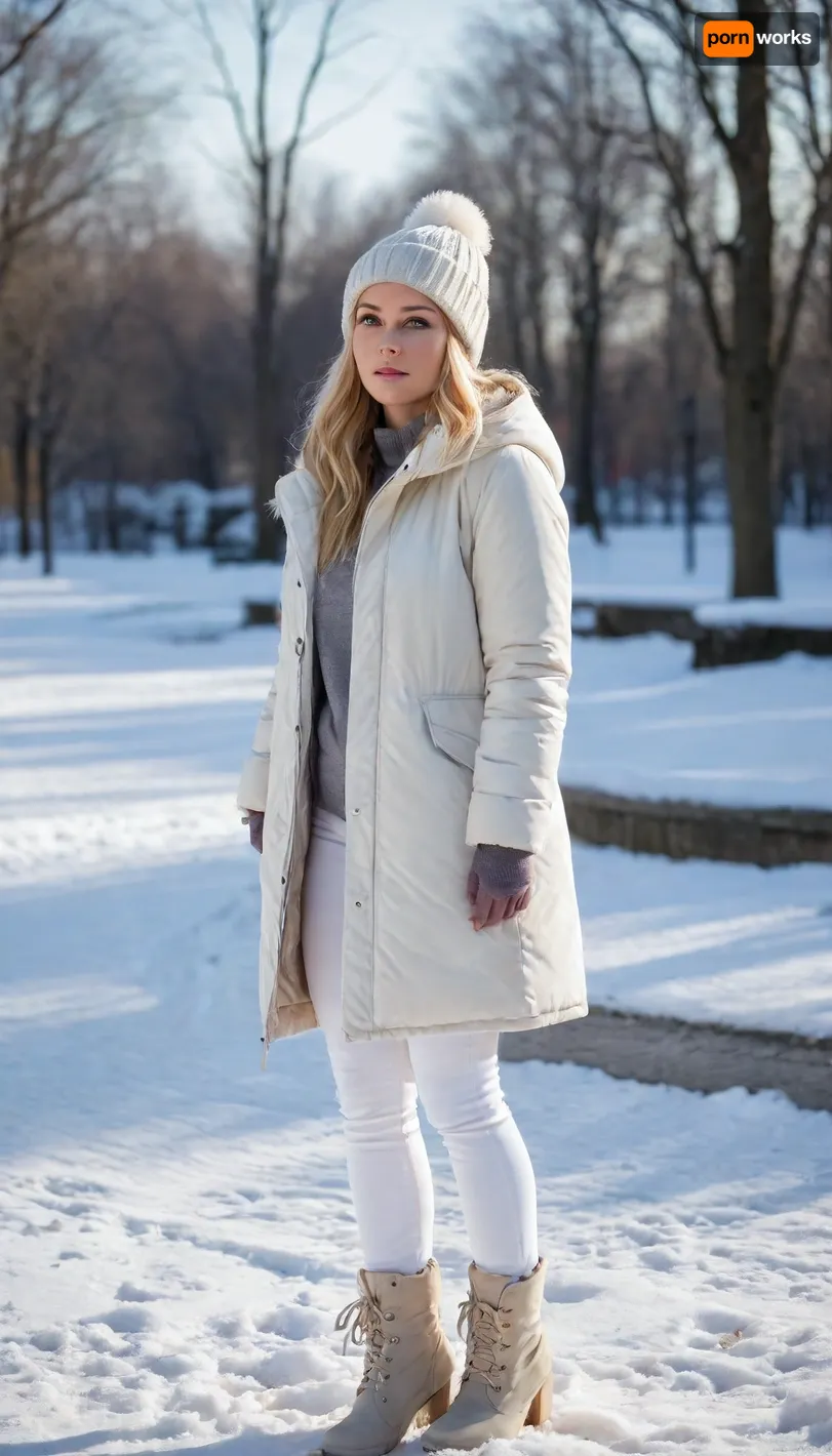 1girl, small breasts, blonde hair, low-tied long hair, blue eyes, looking away, worried, hands in pockets, white parka, white jeans, white boots, high heels, pom pom beanie, outdoors, winter, snow, park, city, snowing, bright sun, (masterpiece, best quality, absurdres, highres, newest, very awa)