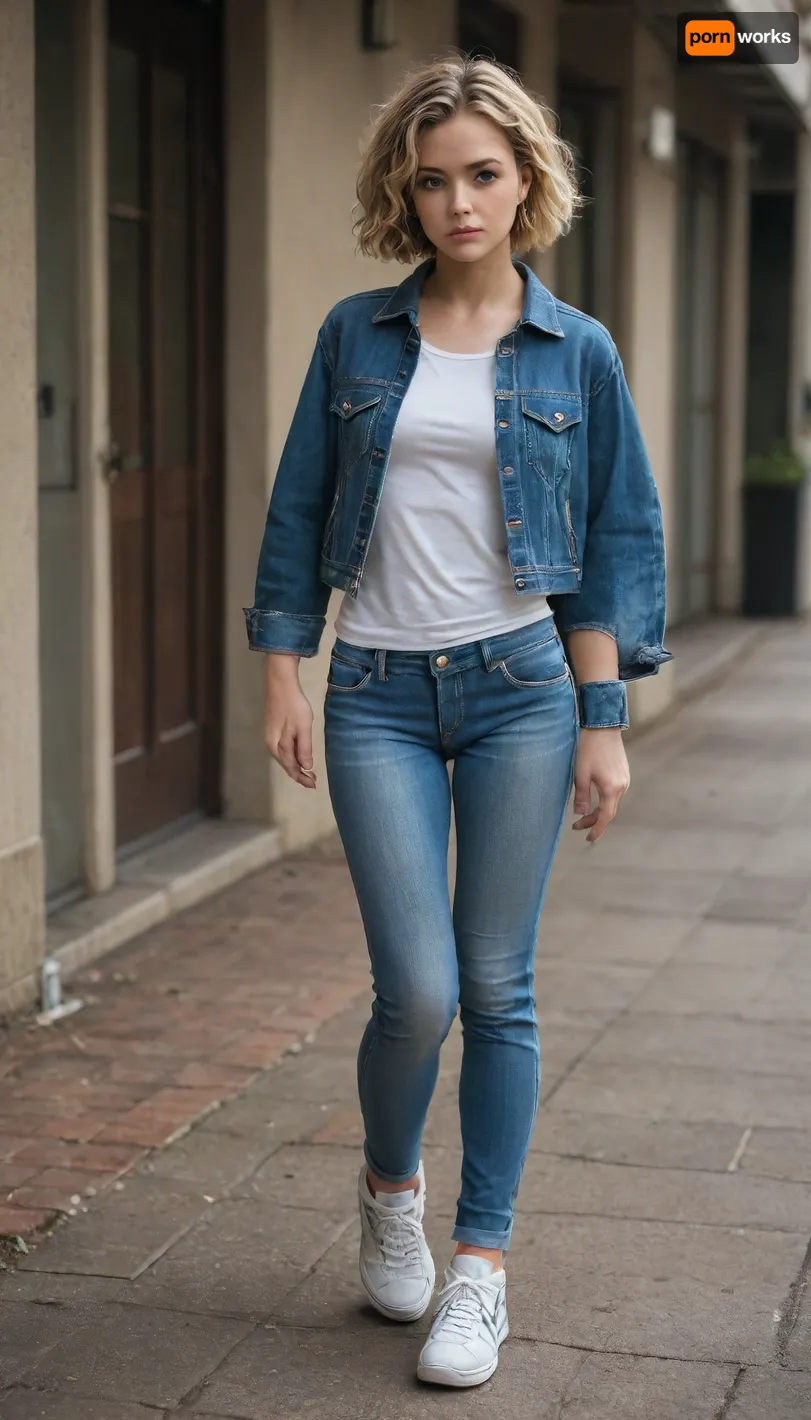 girl, blonde, short hair, denim jacket, jeans, sneakers