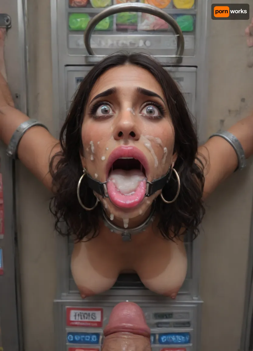 (40 years adult), (woman is stuck with her hips in a round hole with metal rim in a vending machine), (her bust is protruding from a round hole in the front of the vending machine:1.5), (stuck in hole with metal rim:1.3), (vending machine at night, slot for payment), (wide mouth spreader ring gag, gaping mouth:1.5), (leaning forward), (embarrassed, ashamed), (pleading expression:1.2), (terrified:1.6), (crying), (fear and panic:1.2), (box is low mounted, close to floor), (score_9, score_8_up, score_7_up, UHD 8K, masterpiece, best quality, maximum details, natural light, extreme realism, cinematic still), (huge penis:1.4), (she stares at erect penis in front of her face:1.3), (POV from above, she is looking up to viewer, submissive), (POV man standing and looking down, man stroking his big dick:1.1), (arms restrained to wall), (her arms left and right flat against the wall, multiple iron rings fixing her stretched arms against the wall:1.5), (POV standing man, looking down on her:1.2), (mouth wide open), (black hair), (Indian slut:1.8), (rich bitch:1.4), (dark brown skin:1.3), (tan lines), (iron rings restrain her arms to vending machine), (her arms are spread eagle against vending machine:1.8), (arms restrained with iron rings:1.8), (free-standing vending machine), (her face is covered in cum:1.6), (cum in her mouth:1.1), (bukkake, facial:1.3), (transparent liquid:1.2), (realistic cum), (wet face:1.2), (oily skin:1.5), (stuck with hips in a round hole with metal rim:1.6), (eyes wide open in horror:1.3), (her mouth serves only one purpose), (she's got a new job, she's a public cum dumpster), (pink glossy lips:1.3), (shocking pink lips, pink lipstick:1.5), (eerie lighting:1.3), (smeared lipstick:1.3)
