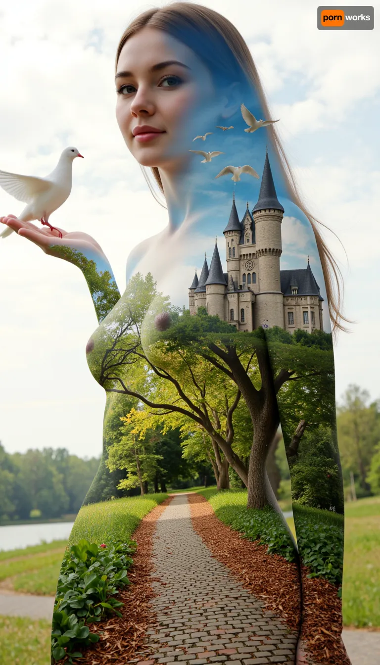 An elegant woman standing tall with an air of ethereal grace, her form delicately intertwined with the vibrant hues of a mystical forest. The double exposure technique masterfully merges the beauty of nature with her visage, revealing a symphony of emerald leaves and golden sunrays dancing across her skin. Her eyes, deep pools of sapphire, reflect the ancient wisdom of the trees that whisper their secrets. Her hair cascades down her back, blending into the intricate patterns of a cobblestone path that winds through the enchanted woods, leading to a grand castle perched atop a distant hill. The woman's silhouette is adorned with a soft glow, hinting at the magic that resides within her soul. The architecture of the castle merges with her form, the turrets and spires echoing the curves of her body, as if she is the living embodiment of the enigmatic realm she inhabits. The sky above is a canvas of swirling blues and purples, a cosmic backdrop that mirrors the tumultuous emotions and boundless imagination within her heart. Her arms stretch out, fingers unfurling like petals, as a flock of doves ascend from her palms, symbolizing peace and freedom. The overall composition is a breathtaking blend of reality and fantasy, inviting the viewer to dive into a world where beauty, nature, and magic coalesce into a single, harmonious being.