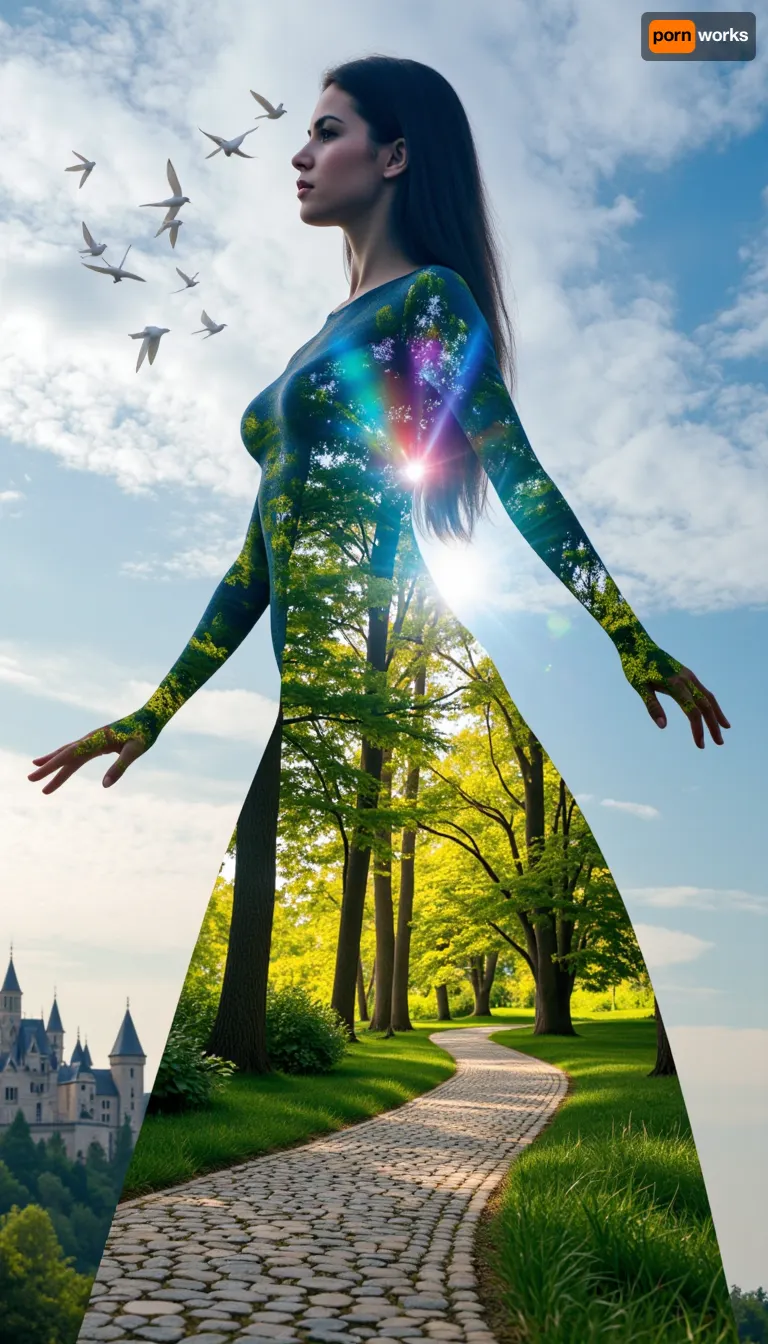 An elegant woman standing tall with an air of ethereal grace, her form delicately intertwined with the vibrant hues of a mystical forest. The double exposure technique masterfully merges the beauty of nature with her visage, revealing a symphony of emerald leaves and golden sunrays dancing across her skin. Her eyes, deep pools of sapphire, reflect the ancient wisdom of the trees that whisper their secrets. Her hair cascades down her back, blending into the intricate patterns of a cobblestone path that winds through the enchanted woods, leading to a grand castle perched atop a distant hill. The woman's silhouette is adorned with a soft glow, hinting at the magic that resides within her soul. The architecture of the castle merges with her form, the turrets and spires echoing the curves of her body, as if she is the living embodiment of the enigmatic realm she inhabits. The sky above is a canvas of swirling blues and purples, a cosmic backdrop that mirrors the tumultuous emotions and boundless imagination within her heart. Her arms stretch out, fingers unfurling like petals, as a flock of doves ascend from her palms, symbolizing peace and freedom. The overall composition is a breathtaking blend of reality and fantasy, inviting the viewer to dive into a world where beauty, nature, and magic coalesce into a single, harmonious being.