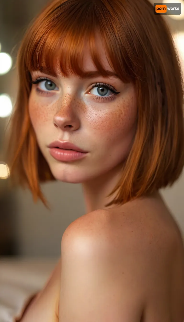 ziprealism, (intimate snapshot esthetic), (adorable woman, charming girlfriend, soft smile, warm loving gaze, bashful pose, cozy modern bedroom:1.2), (f/2.8, shallow depth of field, creamy bokeh, extreme face closeup shot, layered composition, strong vignette, focus on eyes:1.4), (vibrant ginger hair, blunt bangs hair, voluminous satiny hair, inverted Bob hair cut, A-line Bob hair cut, short hair, straight hair, hair framing face:1.8), (catchlights, sharp contrasting limbal rings, large expressive eyes, stunning eyes, perfect eyes, long delicate eyelashes), (soft facial features, subtle freckles:1.4), igbaddie, <lora:igbaddie-XL:.84>, <lora:MJ52:.4>, but, <lora:BUT_SDXL_SHS:.1>