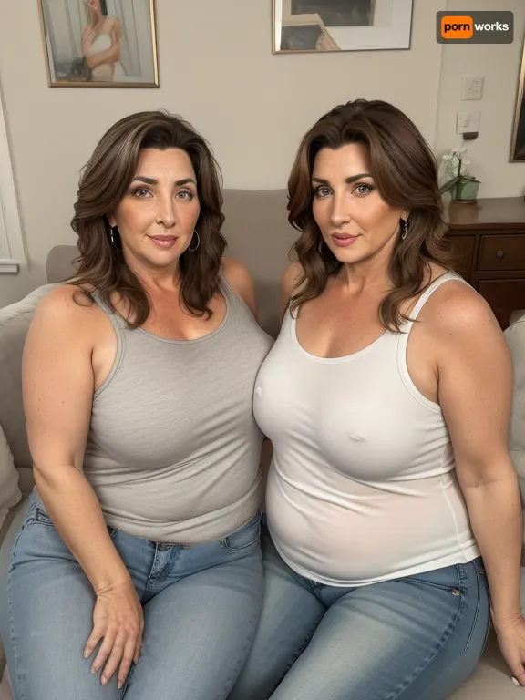 Full color high definition photo, two obese mature women, Armenian, light eyes, beautiful eyes, detailed eyes, looking at viewer, seductive, eye contact with viewer, the woman on the left has brunette hair with highlights, 60 years old, both women are wearing highwaist jeans, and sleeveless t-shirt, sitting on a couch, well lit interior scene, motherly, with, pokies, sagging, saggy, drooping, small sagging breasts, yom_fmruth, long, hair, looking, at, viewer, realistic, eyes, 55, years, old, mature, female, see, info, in, lora, for, more, tags, milf, <lora:epiCRealismHelper:.5>, <lora:YoM_FMRuth:.8>, <lora:Milf:.8>, <lora:weight_slider_v2:.8>