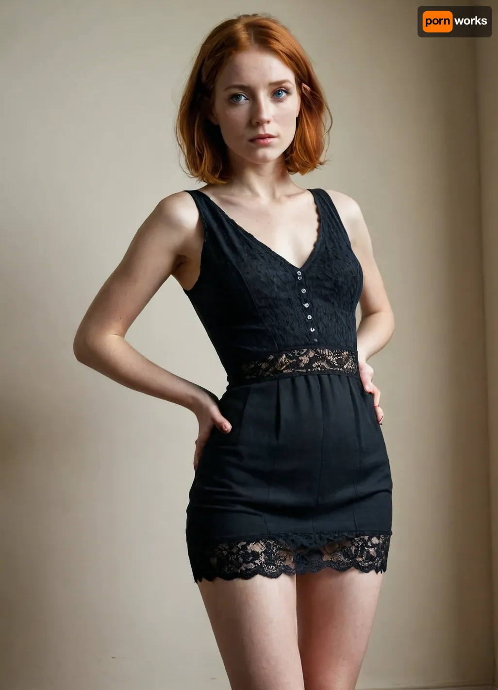 1girl, 25 years old, tall height, french, bob cut ginger hair, wasp waist, freckles, short black dress with laces, she is pulling down her panties to her hips, panties on hips, stokings, thin, slim, solo, huge blue eyes, perfect eyes, white pale skin, realistic, long slender legs, full height photo, exhausted, (eyes rolled back), tears, flattenedwomenbuzz, <lora:Flattened_Women-000007:.8>