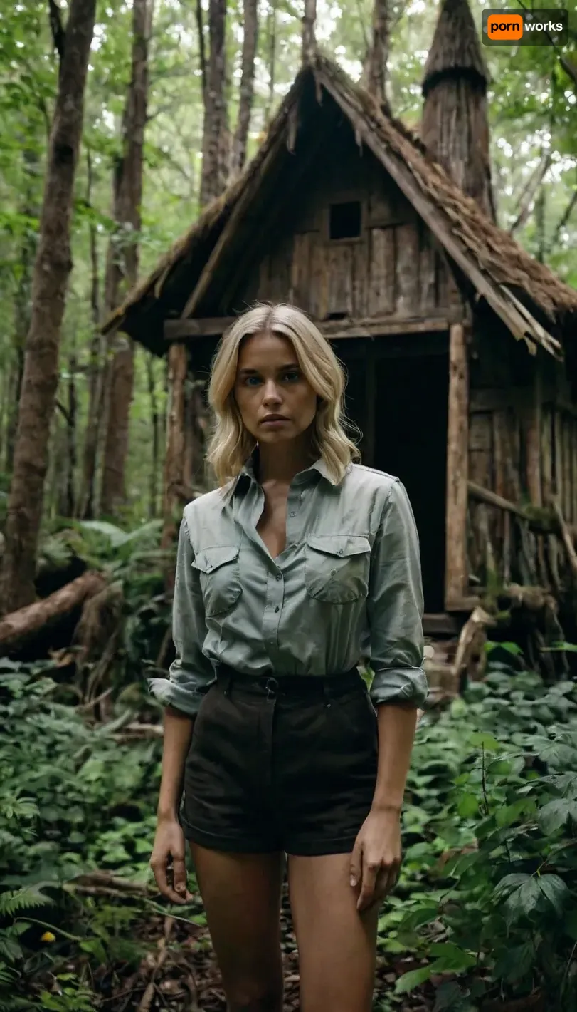 ordinary dirty-blonde city girl in standard office outfit stands in front of witch hut in deep forest thicket