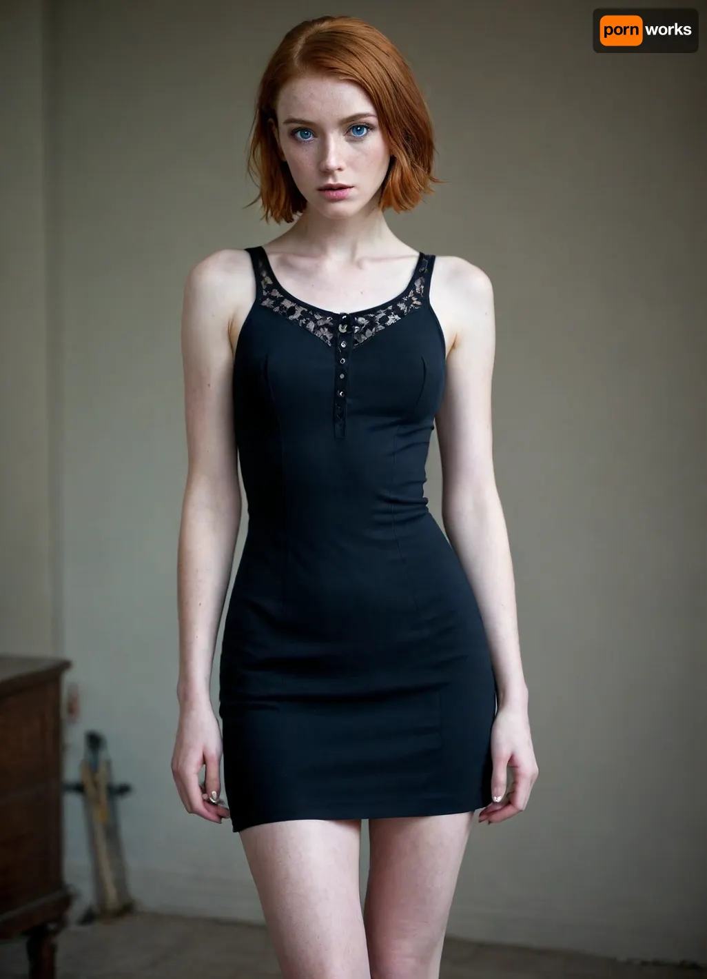 1girl, 25 years old, tall height, french, bob cut ginger hair, wasp waist, freckles, short black dress with laces, stokings, thin, slim, solo, huge blue eyes, perfect eyes, white pale skin, realistic, long slender legs, full height photo, tired face, exhausted, (eyes rolled back), tears, pale, skin, <lora:Pale_Skin_SDXL_v1.0:.8>, <lora:275493_training_data:1.1>