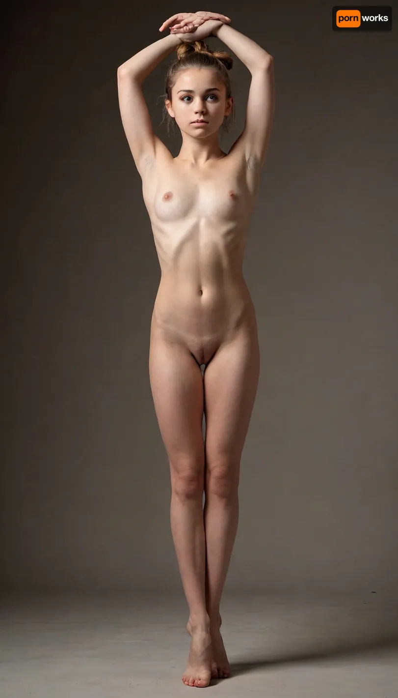 a young 18-year-old naked barefoot gymnast with light brown hair tied in a bun at the back of her head and very small pointed breasts. He stands with his legs apart in front of him. the raised arms support the hair at the back of the head.
breasts, pussy and feet are completely visible. black background