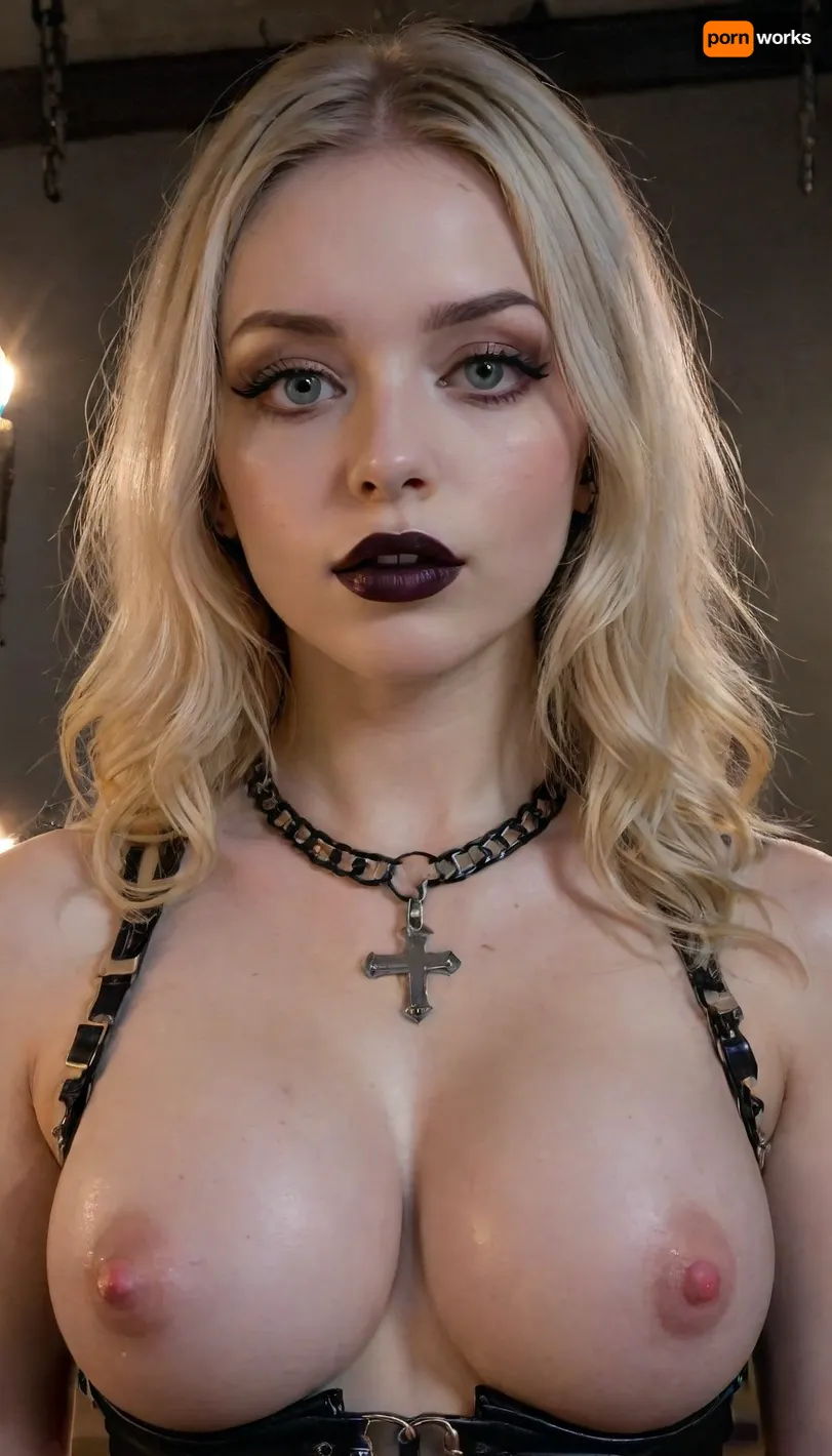 ((Petite), , :1.5), (young, 30yo, 30 year old, girl-next-door), ((dark room, candles, candle lighting, low lighting, sex dungeon, chains)), bdsm, very pale skin, (blonde hair, short shoulder-length hair, straight, hair), (detailed face, bright eyes, dimples, lips, big eyelashes), (dark make up, black eyeshadow, black lipstick, heavy make up), (huge boobs:1), big breasts, (fishnet stockings, black, gothic, goth girl, choker, harness, kinky), harness, garter, straps, cupless, bra, 4ng3l, face, Dark, Fantasy, page, great, lighting, <lora:SDXL_BetterFaces-LoRA_v1:1.1>, <lora:Dark Fantasy:1.2>, <lora:add-detail-xl:1>, <lora:great_lighting:.6>