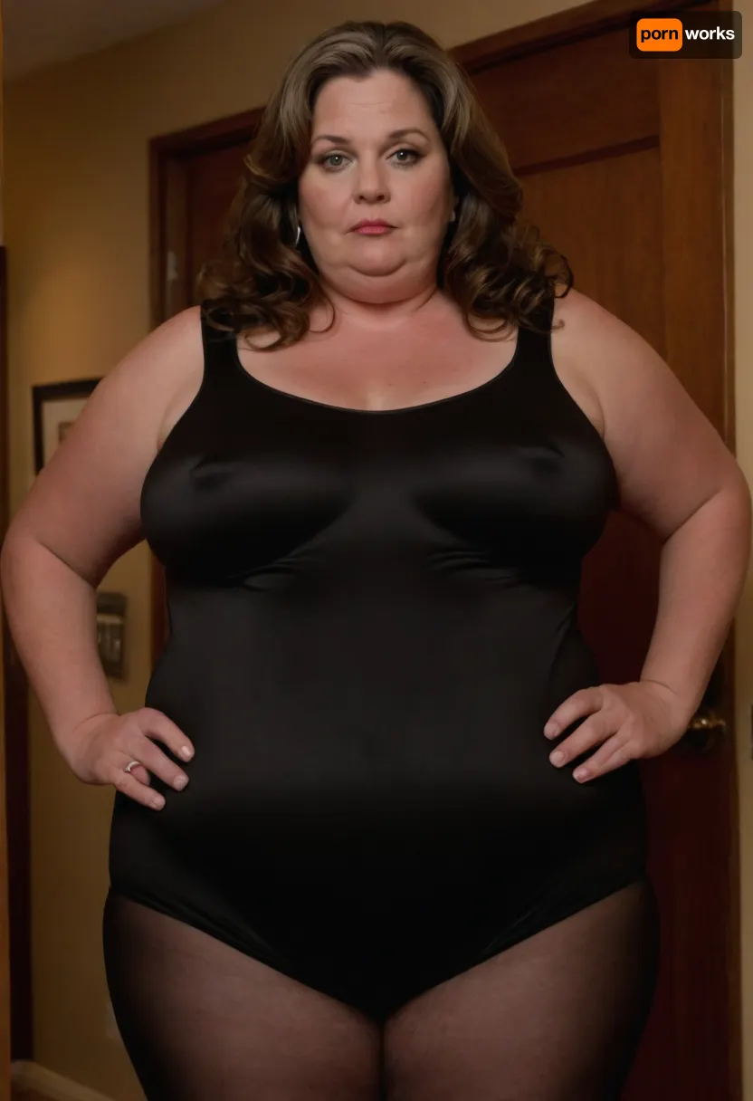(Obese:1.3), ssbbw Woman, 65 years old, mature, married, MILF, fat, medium breasts, wide, big hips, long wavy dark hair with highlights, defined beautiful eyes, slutty, housewife, (wearing a tight black leotard), (entering the room), braless, Wearing, clothes, that, make, sense, with, Braless>, <lora:bralessSDXL_v1_00022:.8>, huge fupa