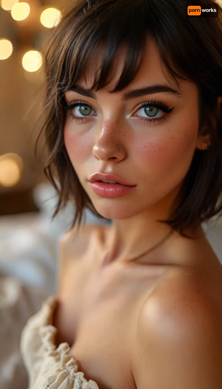 ziprealism, (intimate snapshot esthetic, French inspired, stunning French woman), (adorable woman, soft smile, warm loving gaze, bashful pose, cozy French bedroom:1.2), (f/2.8, shallow depth of field, creamy bokeh, extreme face closeup shot, tight headshot, focus on eyes:1.6), (glossy ink black hair, blunt bangs hair, thick voluminous hair, inverted bob cut hair, chic short hair, loose hair framing face:1.4), (catchlights, limbal rings, large expressive eyes, stunning eyes, perfect eyes, long delicate eyelashes), (classic French facial features, subtle freckles), igbaddie, but, <lora:igbaddie-XL:.4>, <lora:MJ52:.8>, <lora:BUT_SDXL_SHS:.1>