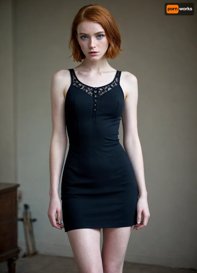 1girl, 25 years old, tall height, french, bob cut ginger hair, wasp waist, freckles, short black dress with laces, stokings, thin, slim, solo, huge blue eyes, perfect eyes, white pale skin, realistic, long slender legs, full height photo, tired face, exhausted, (eyes rolled back), tears, pale, skin, <lora:Pale_Skin_SDXL_v1.0:.8>, <lora:275493_training_data:1.1>