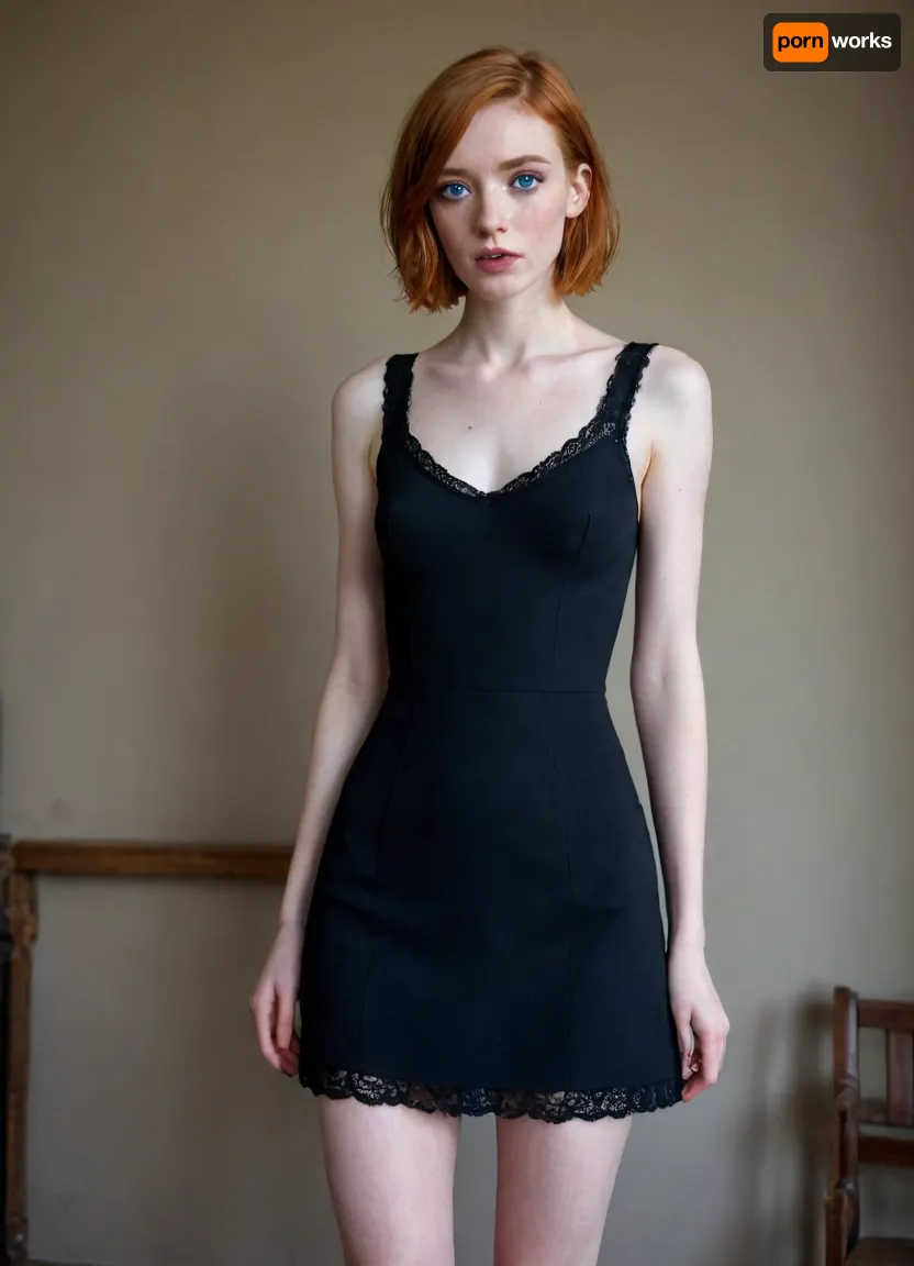 1girl, 25 years old, tall height, french, bob cut ginger hair, wasp waist, freckles, short black dress with laces, stokings, thin, slim, solo, huge blue eyes, perfect eyes, white pale skin, realistic, long slender legs, full height photo, tired face, exhausted, (eyes rolled back), tears, pale, skin, <lora:Pale_Skin_SDXL_v1.0:.8>, <lora:f1ngering:.8>