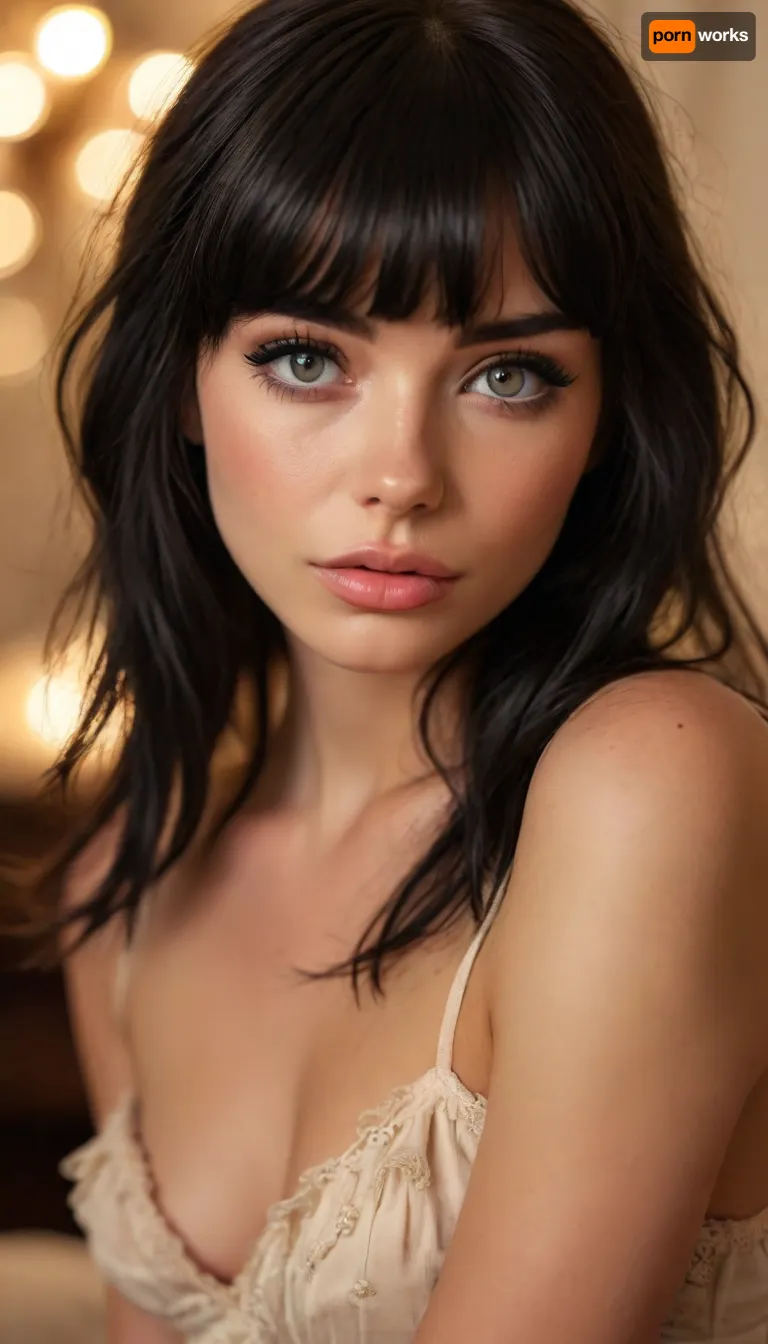ziprealism, (intimate snapshot esthetic, French inspired, stunning French woman, cozy French bedroom), (adorable woman, soft smile, warm loving gaze, bashful pose:1.2), (f/2.8, shallow depth of field, creamy bokeh, warm romantic lighting, dynamic light, contrasting shadows, extreme closeup shot, tight headshot, intimate facial portrait, Dutch Angles, focus on eyes:1.6), (glossy ink black hair, long wispy bangs with defined fringe, thick voluminous hair, loose hair obscuring face:1.4), (catchlights, limbal rings, large expressive eyes, stunning eyes, perfect eyes, long delicate eyelashes), (classic French facial features, flawless porcelain skin, soft blush), igbaddie, <lora:igbaddie-XL:.8>, <lora:MJ52:.8>